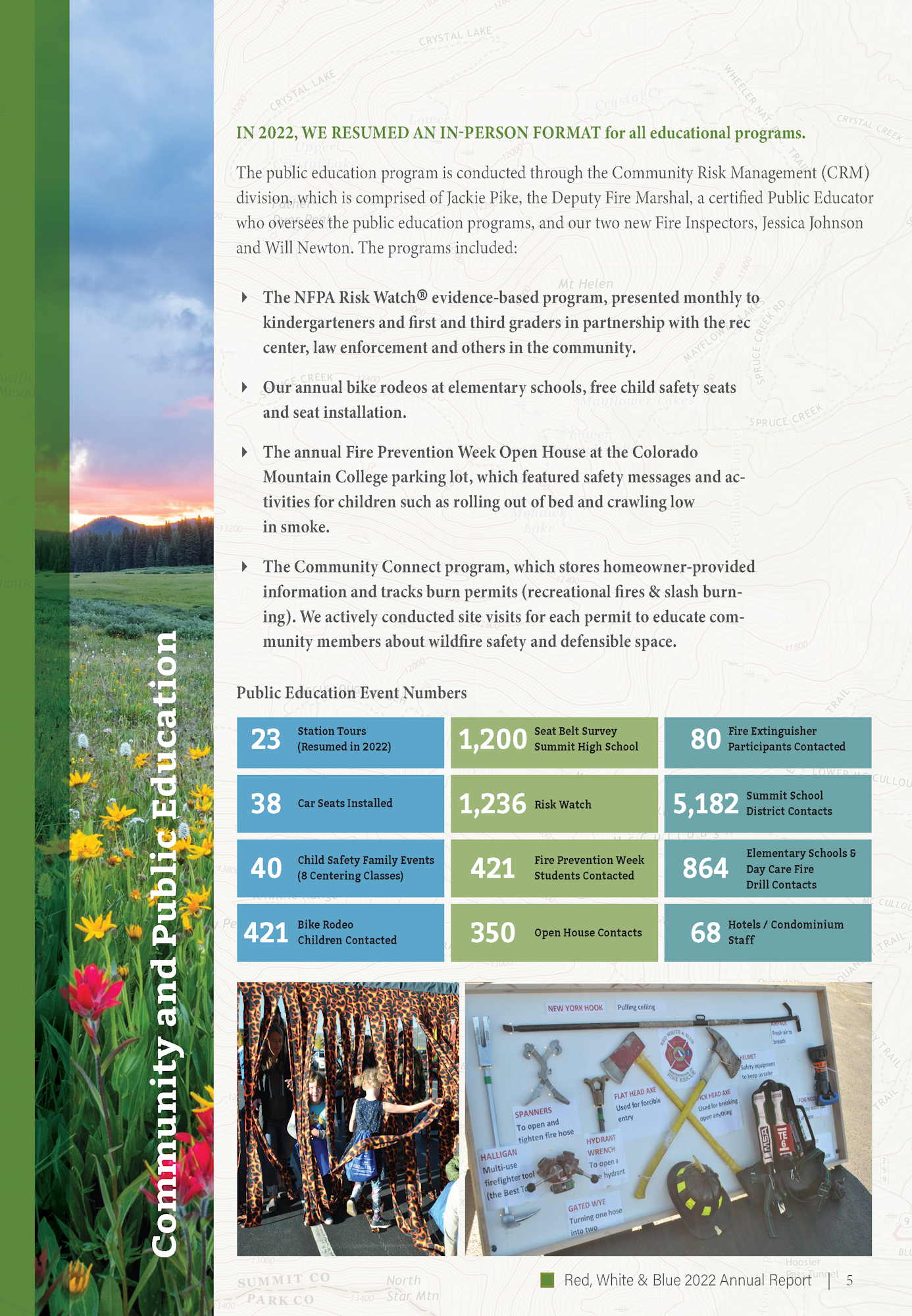 A page from a report detailing public education programs, event numbers, and images of wildflowers and fire safety equipment.