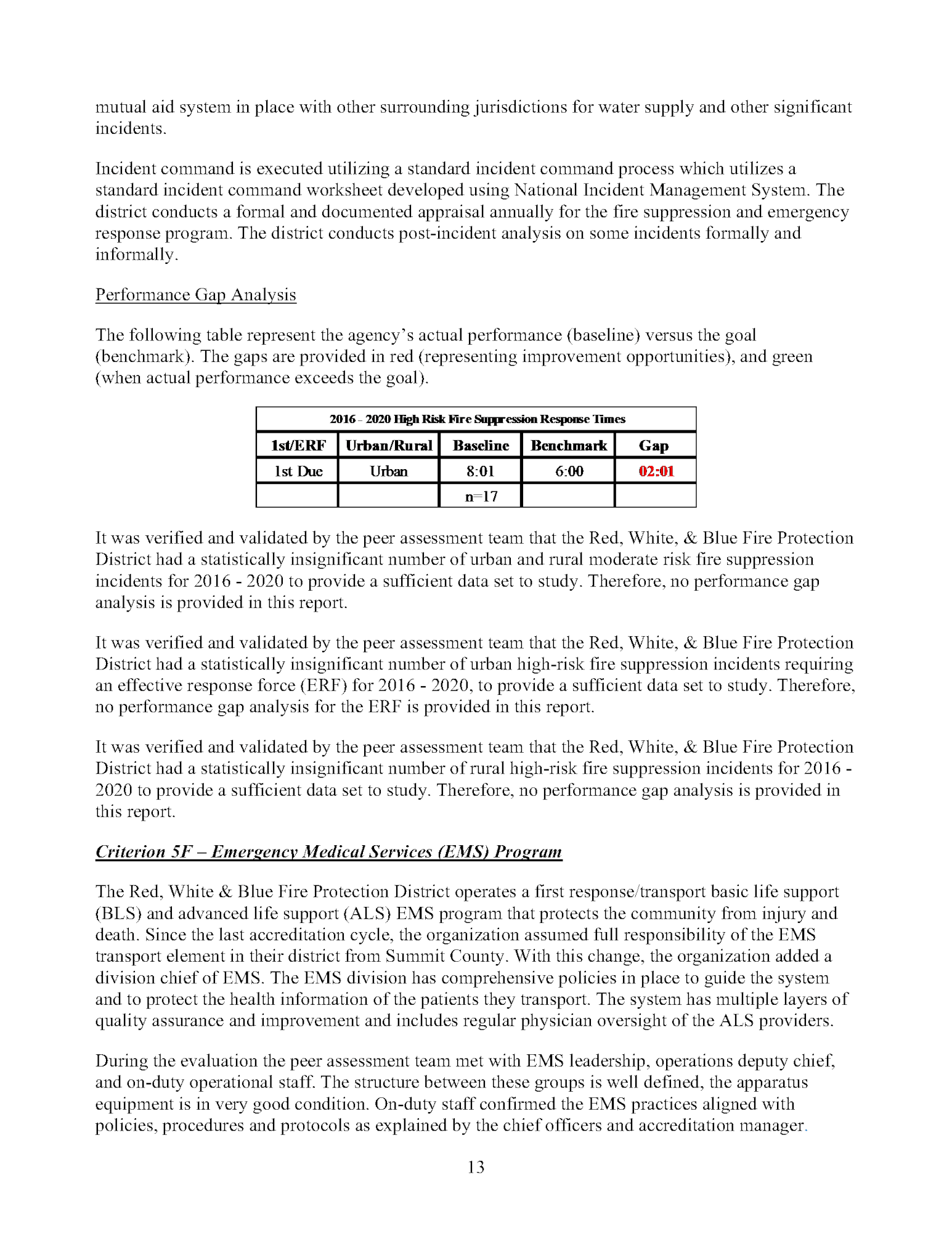 The image shows a document page discussing a fire protection district's performance gap analysis and EMS program details.