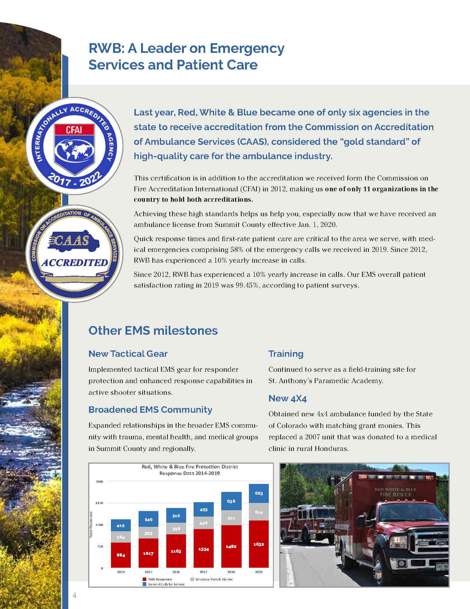 An infographic detailing the achievements and milestones of an emergency services provider called RWB, including accreditations and EMS data.