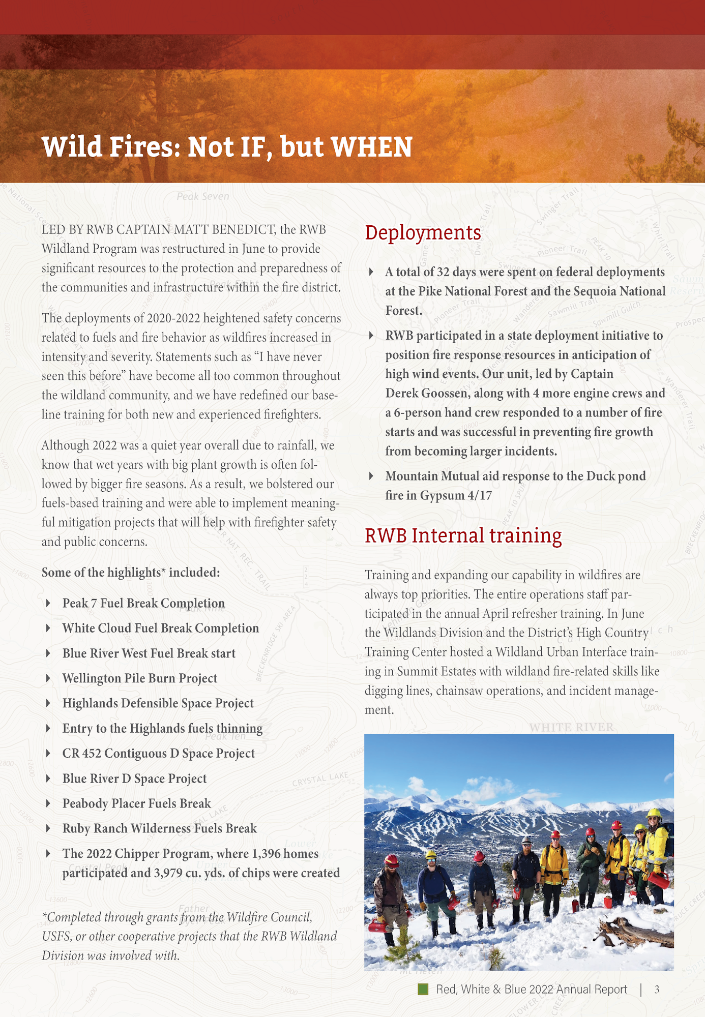 The image outlines wildfire preparedness efforts, deployments, training, and project highlights from the RWB Wildland Program.