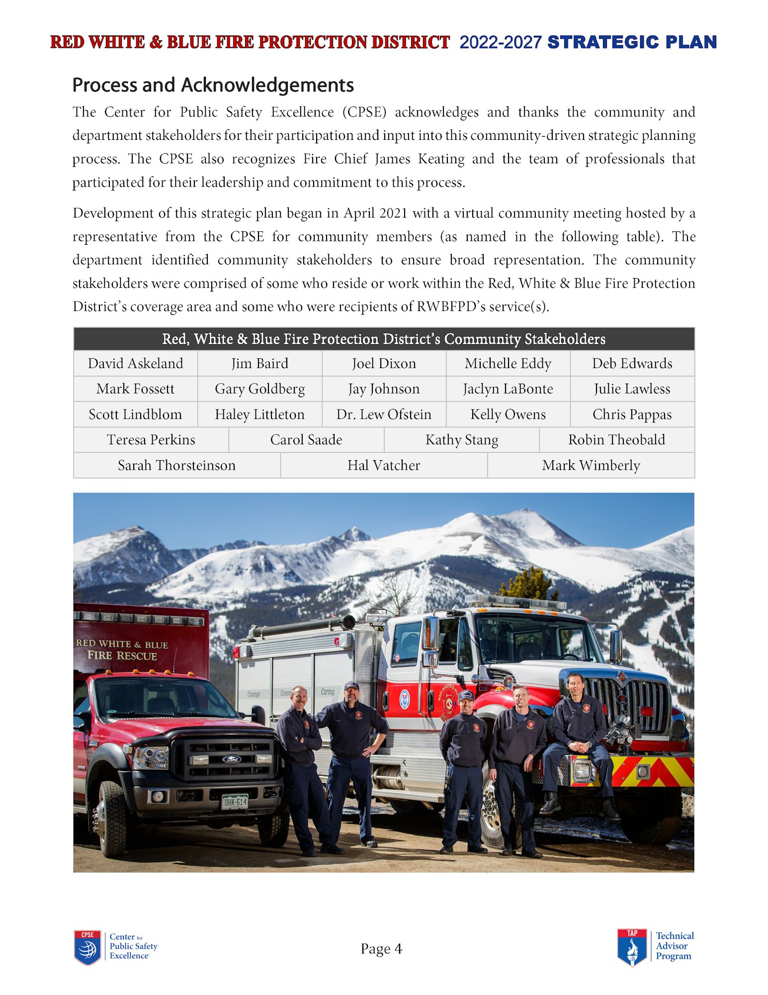 Document page on Red White & Blue Fire District's Strategic Plan with photo of firefighters and firetrucks against mountain backdrop.