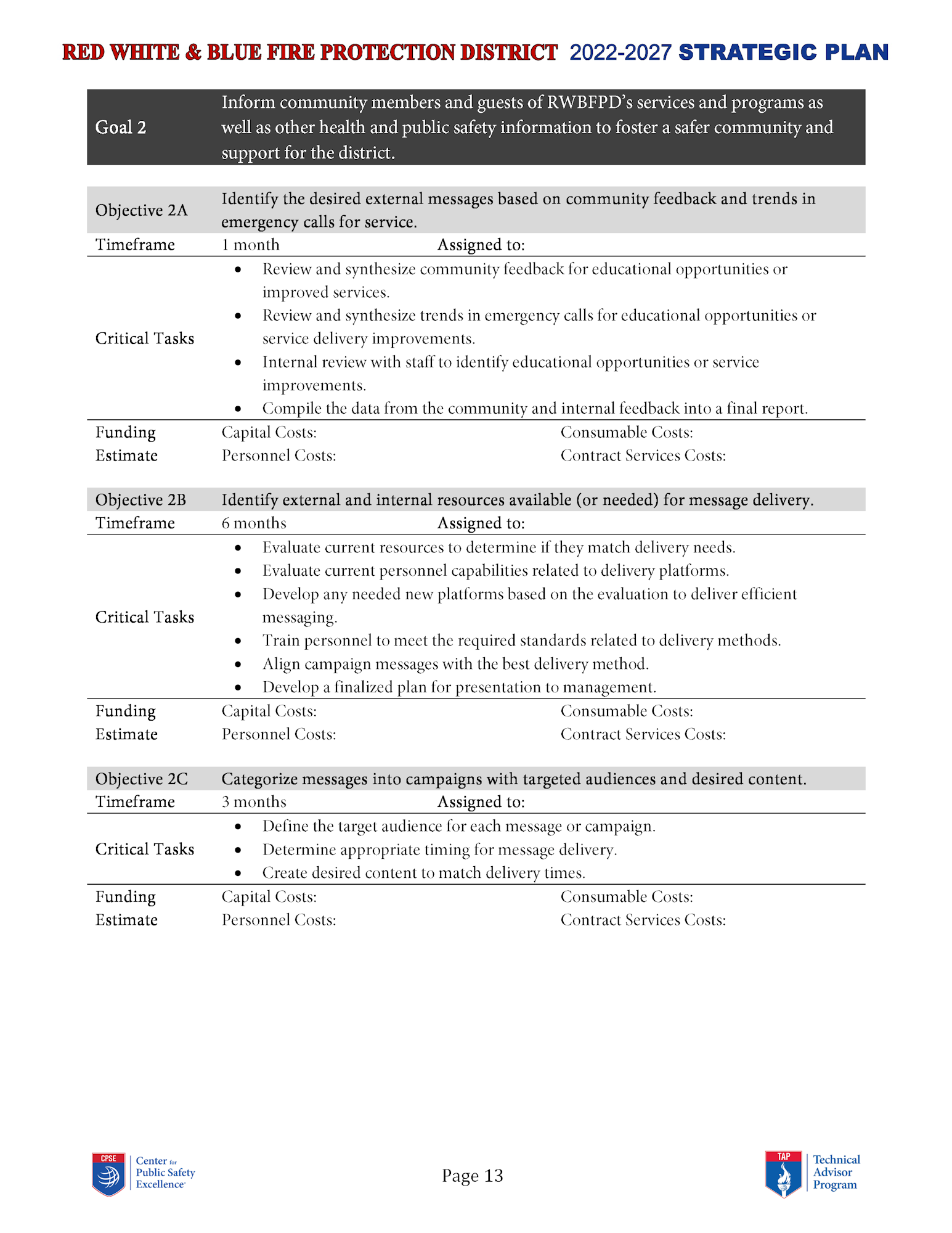 It's a strategic plan page outlining goals, objectives, tasks, and funding for community messaging by a fire protection district.