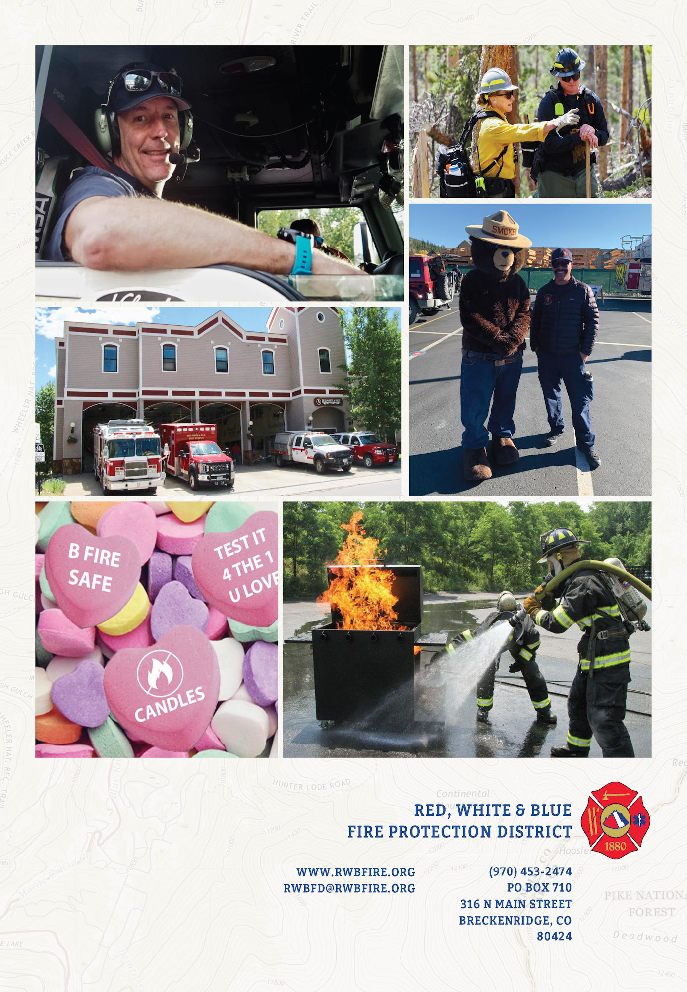 Collage with firefighters, firehouse, heart-shaped candies with safety messages, and a fire rescue demonstration.