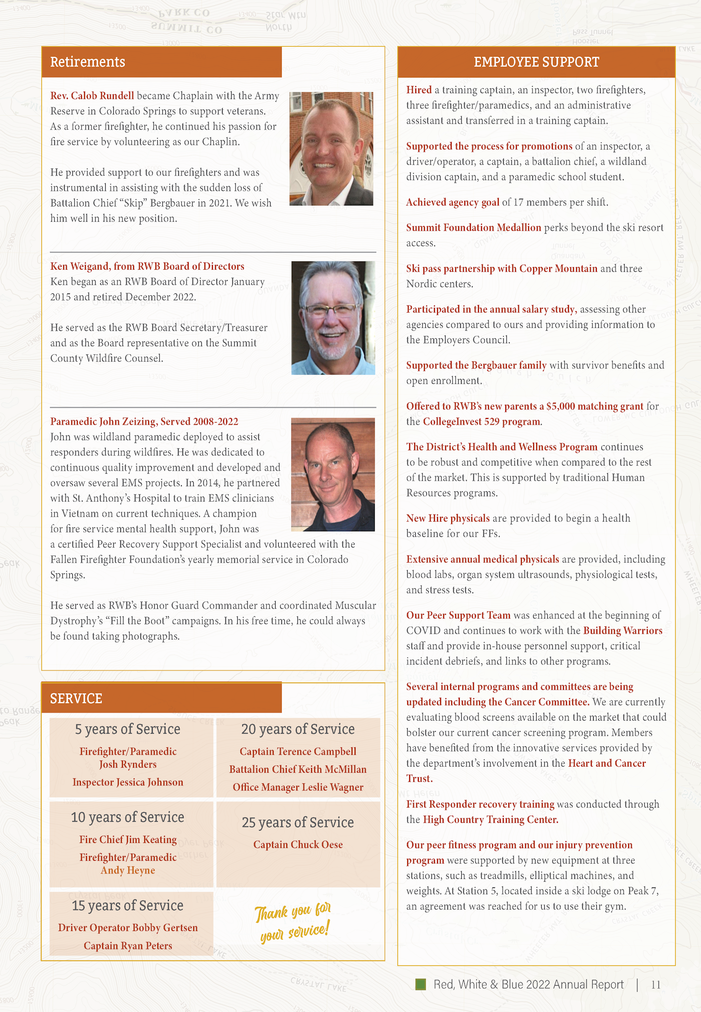 The image is a page from an annual report showing retirements, employee support initiatives, and service milestones of staff members.