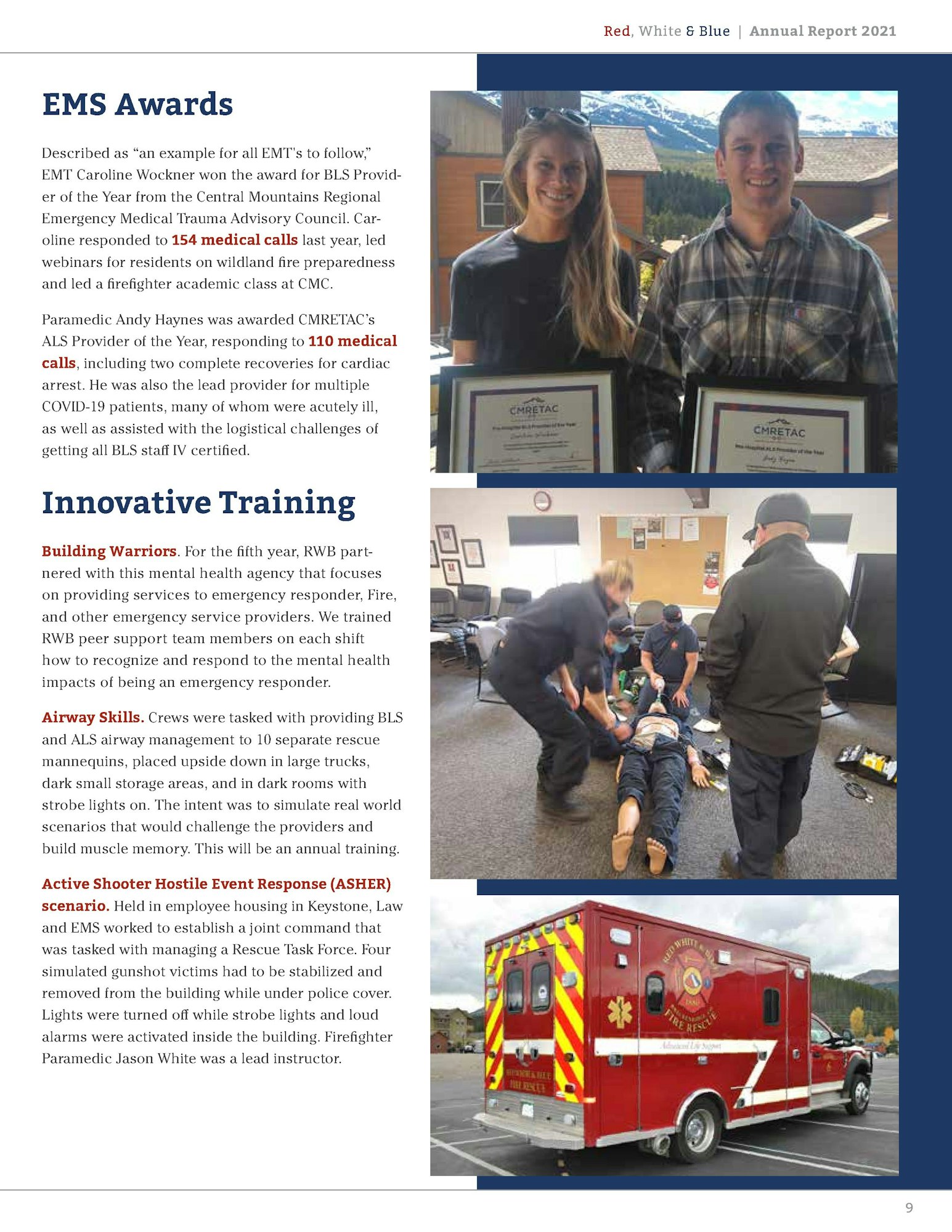 Page from a report showing two people with awards, text about EMS achievements, and images of emergency responder training and an ambulance.