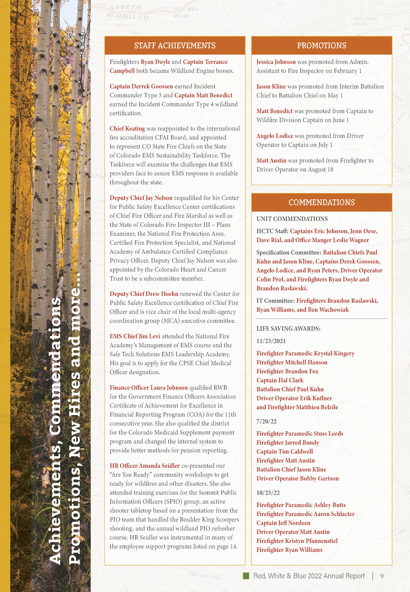 A document detailing staff achievements, promotions, commendations and more in an annual report.