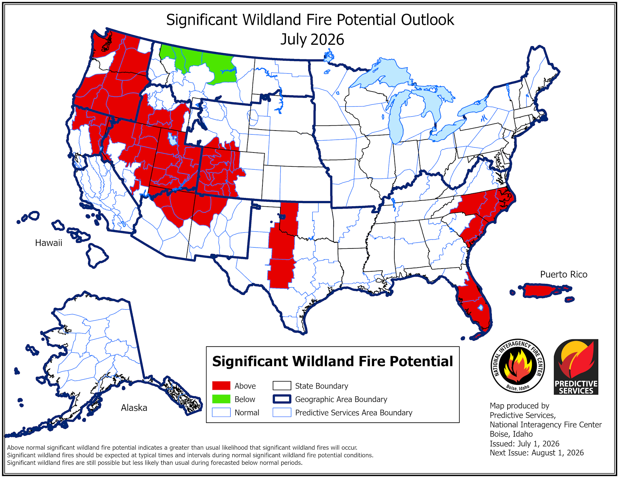 The map shows the wildland fire potential outlook for July 2026, highlighting areas of high risk in red and normal potential in green.