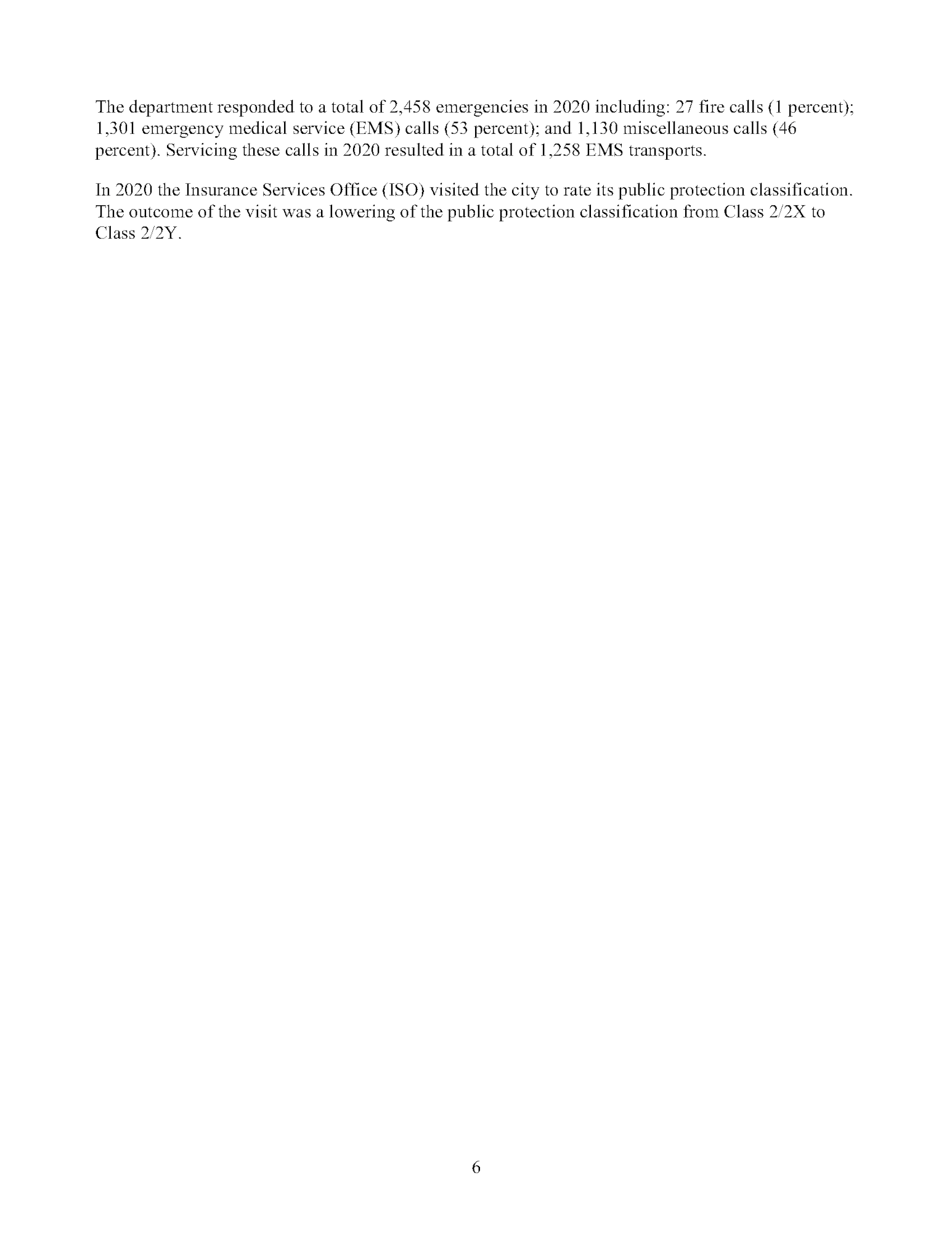 Text summary: A fire department's 2020 emergency response stats and an ISO visit leading to a public protection classification change.