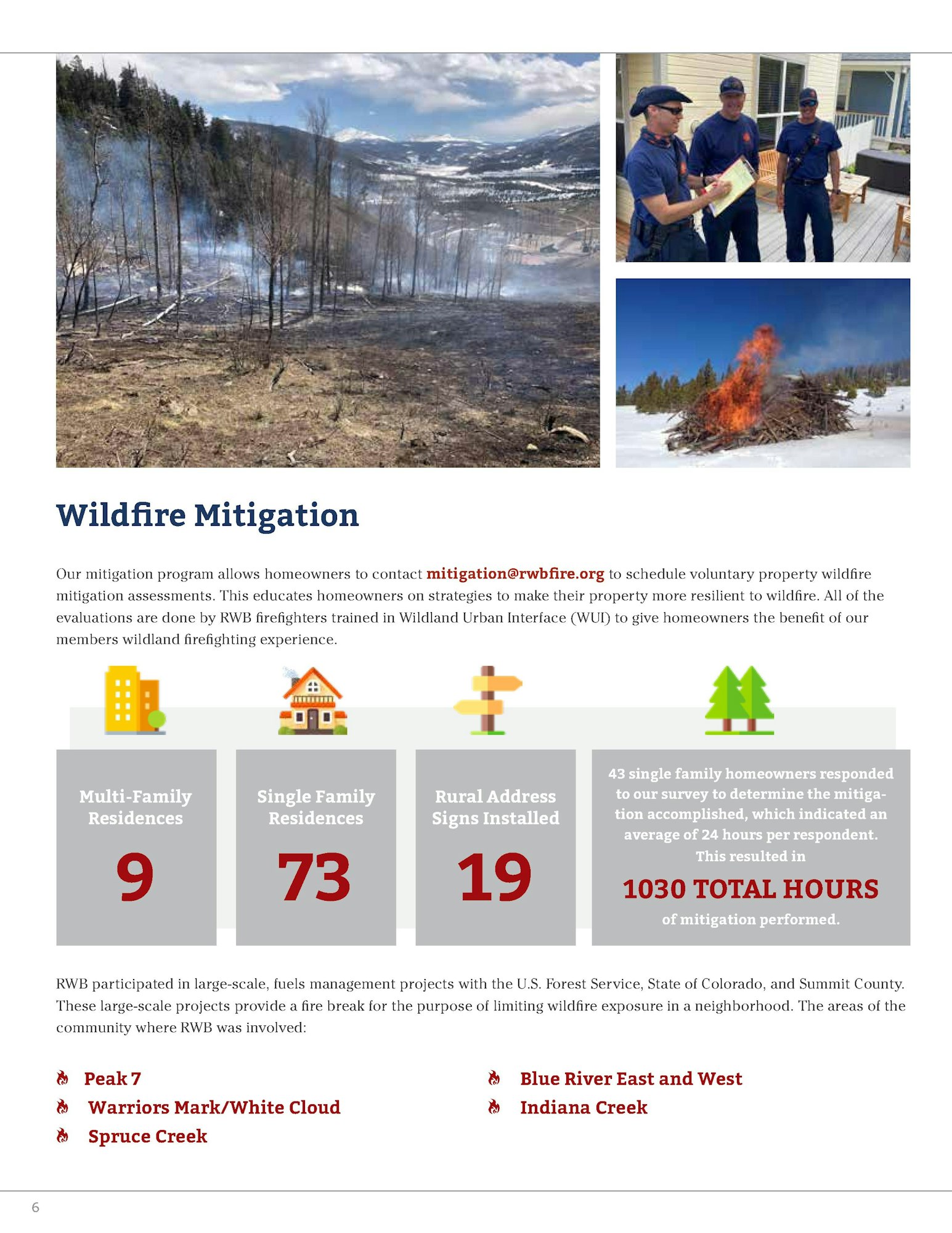 A document page on wildfire mitigation with statistics, photos of a smoldering area and firefighters, and information on programs.