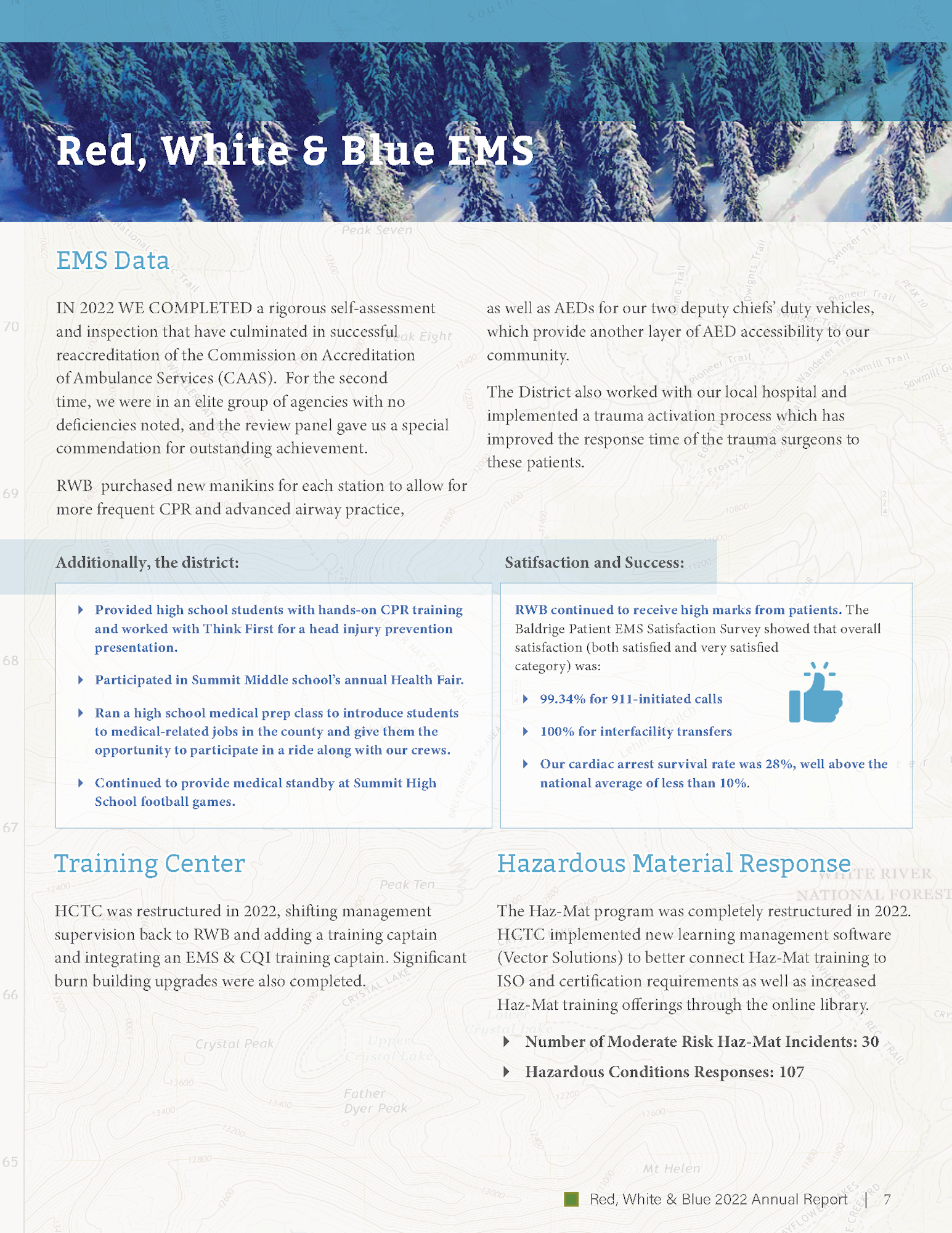 An annual report page for "Red, White & Blue EMS" highlighting EMS data, training, and hazardous material response.