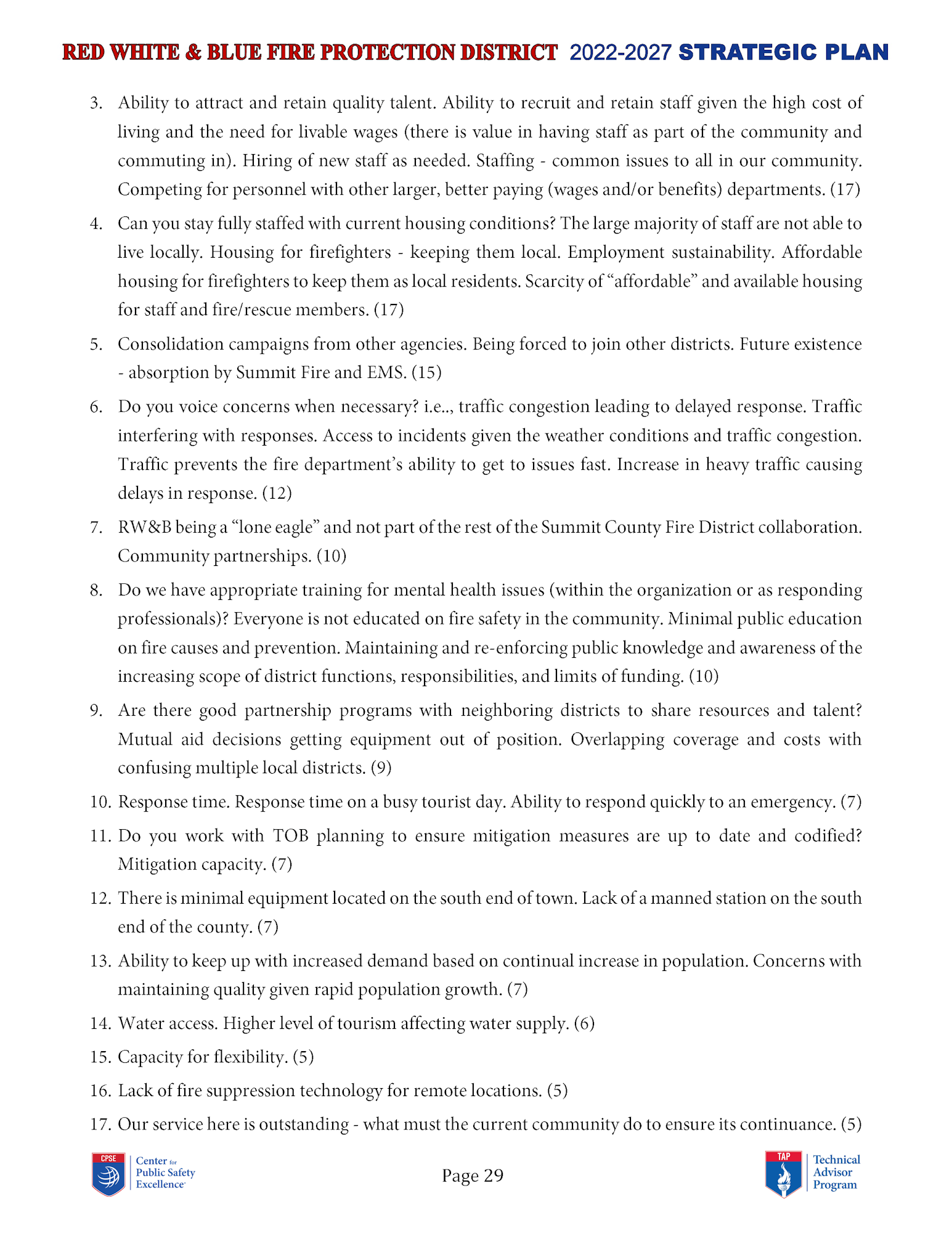 A document detailing challenges and considerations for a Fire Protection District's strategic plan.