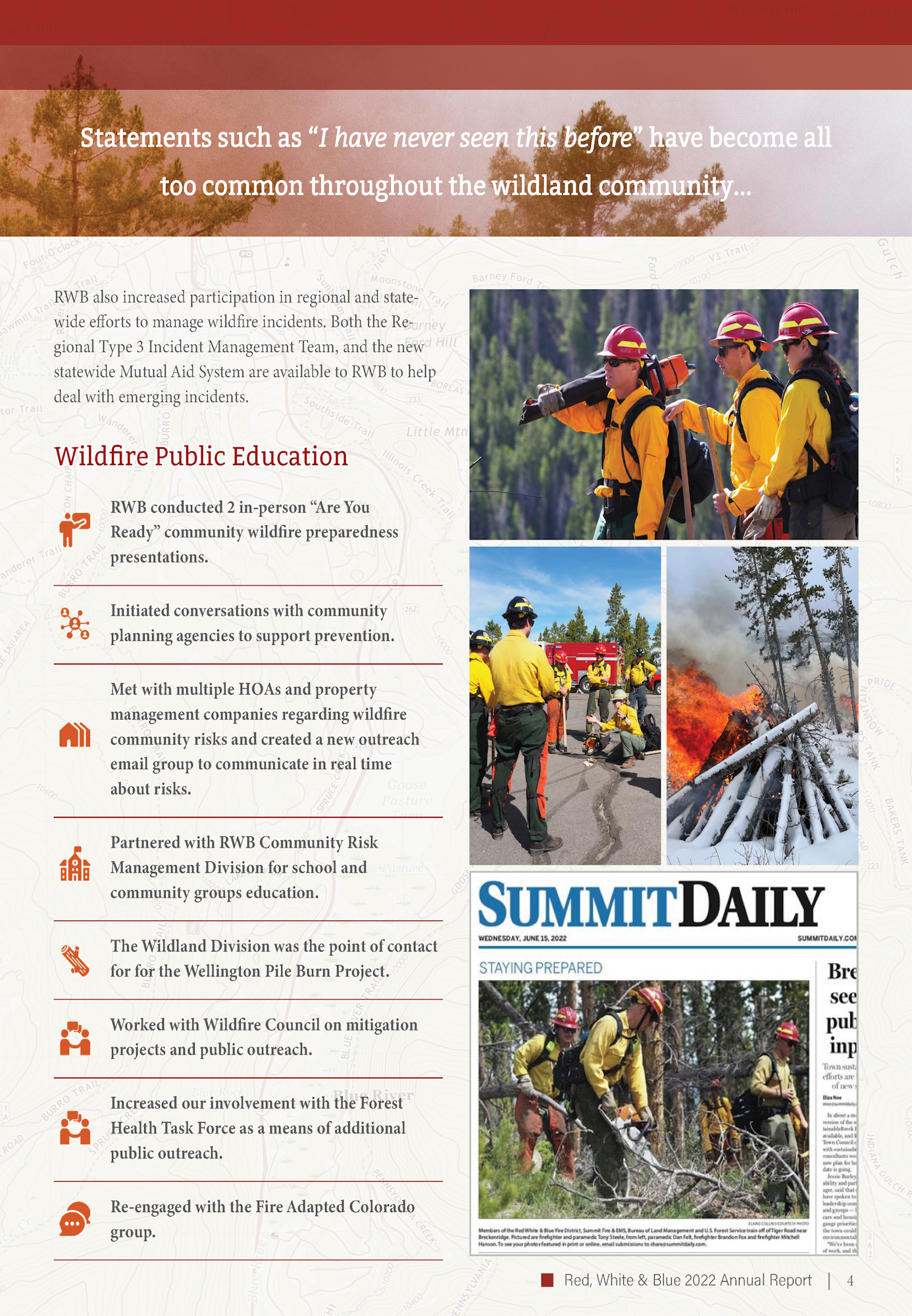 A document page with text about public education on wildfires, photos of firefighters in action, and various bullet points on community efforts.
