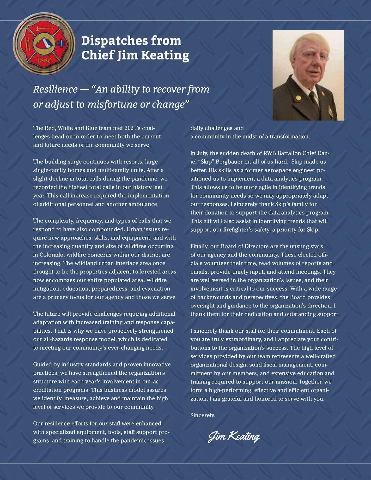 Textual content about resilience from Chief Jim Keating discussing challenges, adaptation, and appreciation for his team's work, accompanied by his photo.