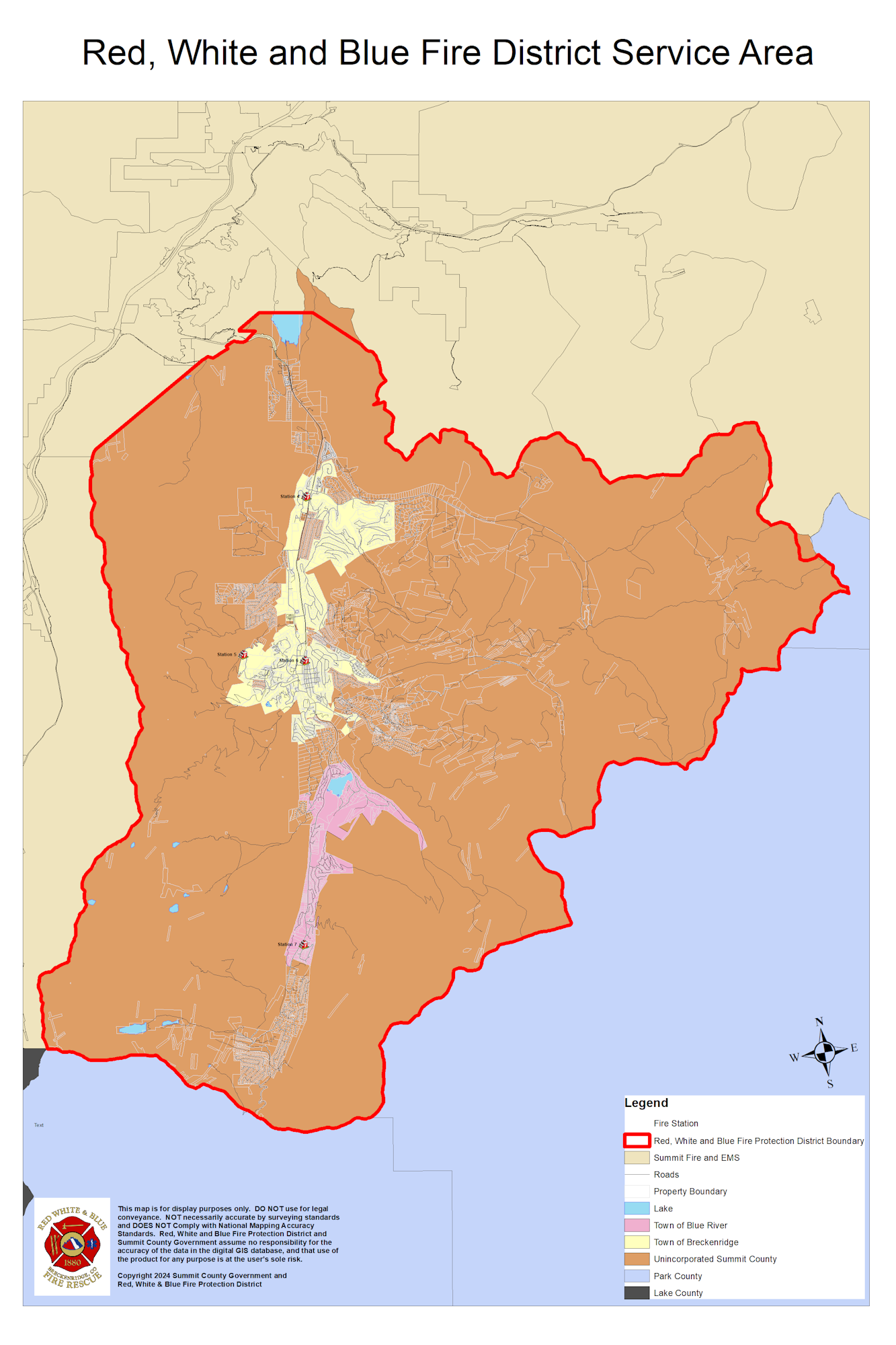 A map outlining the service area of the Red, White and Blue Fire District, including keys for fire stations and boundaries.