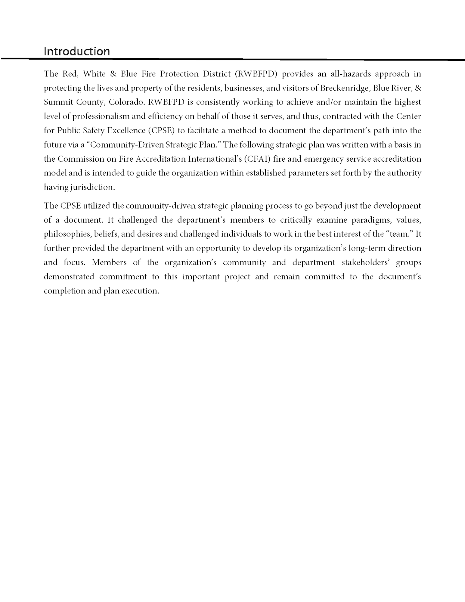 Text detailing the Red, White & Blue Fire Protection District's strategic planning and commitment to professionalism and efficiency.
