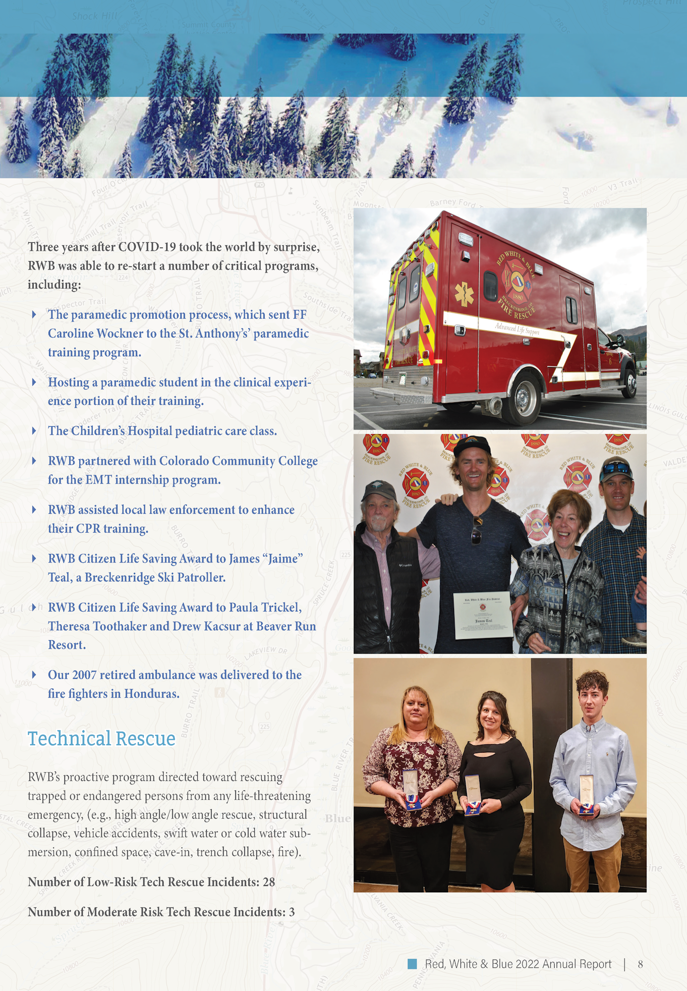 A report page with text, images of snowy trees, an ambulance, and people receiving awards.