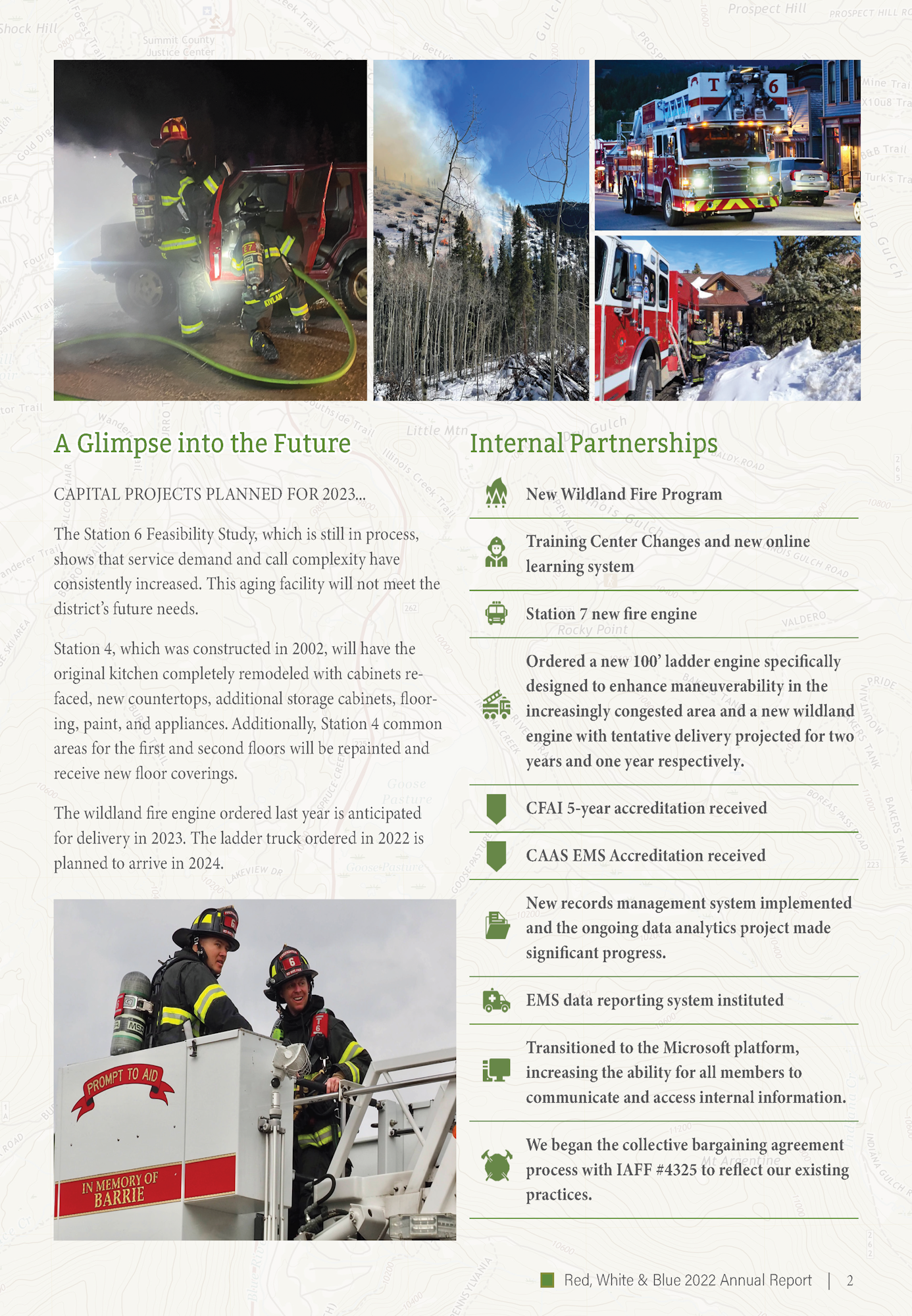 Firefighters in action, wildfire, fire engine, and text about future projects and partnerships from an annual report.