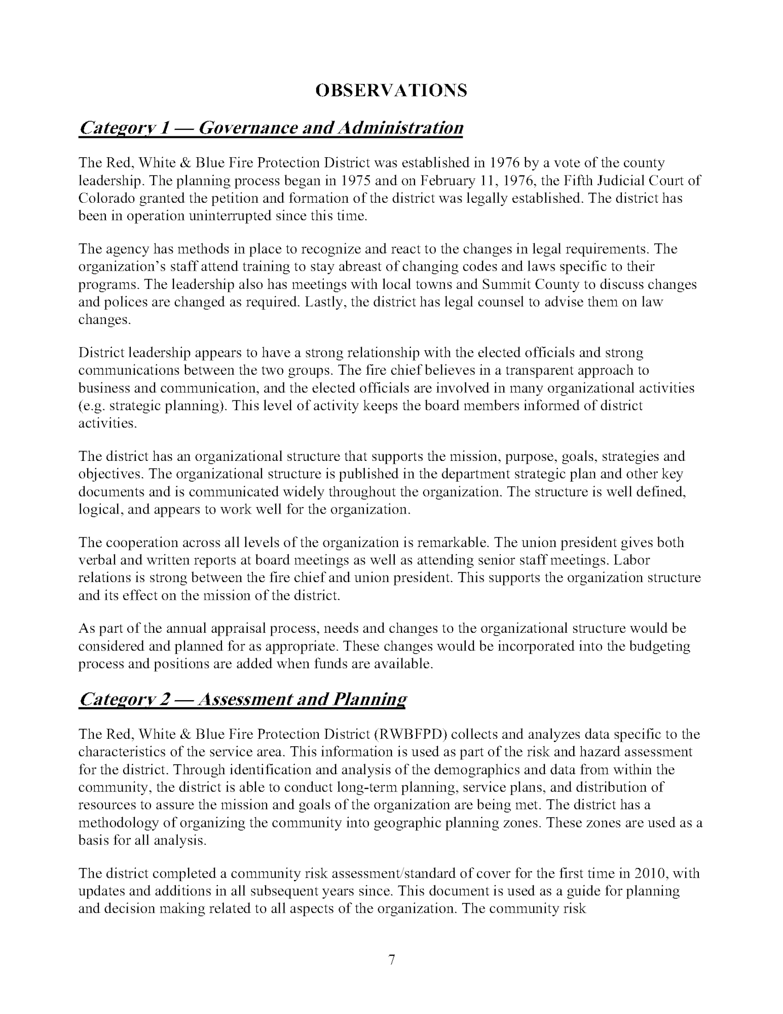 The image is a text document focusing on "Governance and Administration" and "Assessment and Planning" for a fire protection district.