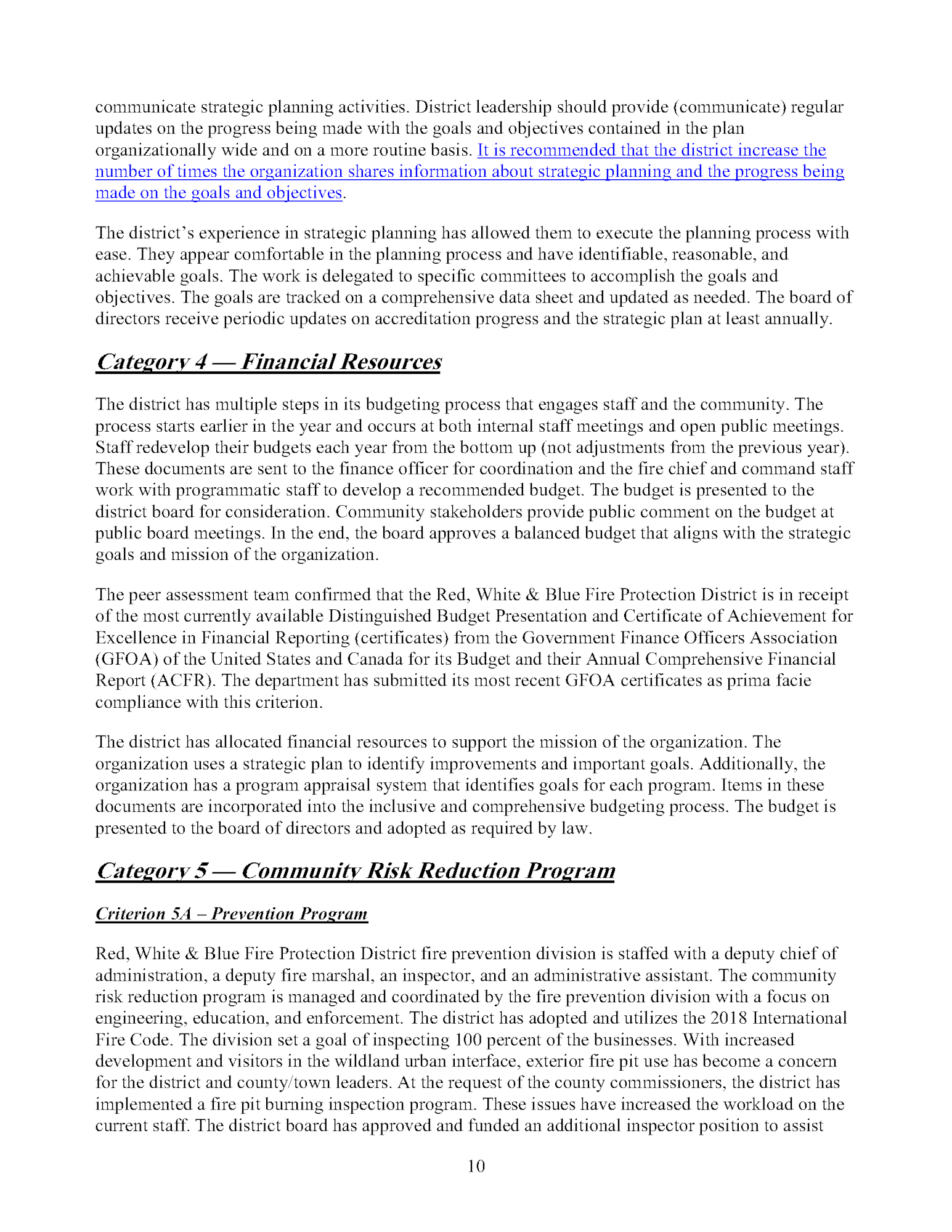 Text from a document discussing strategic planning, financial resources, and a community risk reduction program related to fire protection.