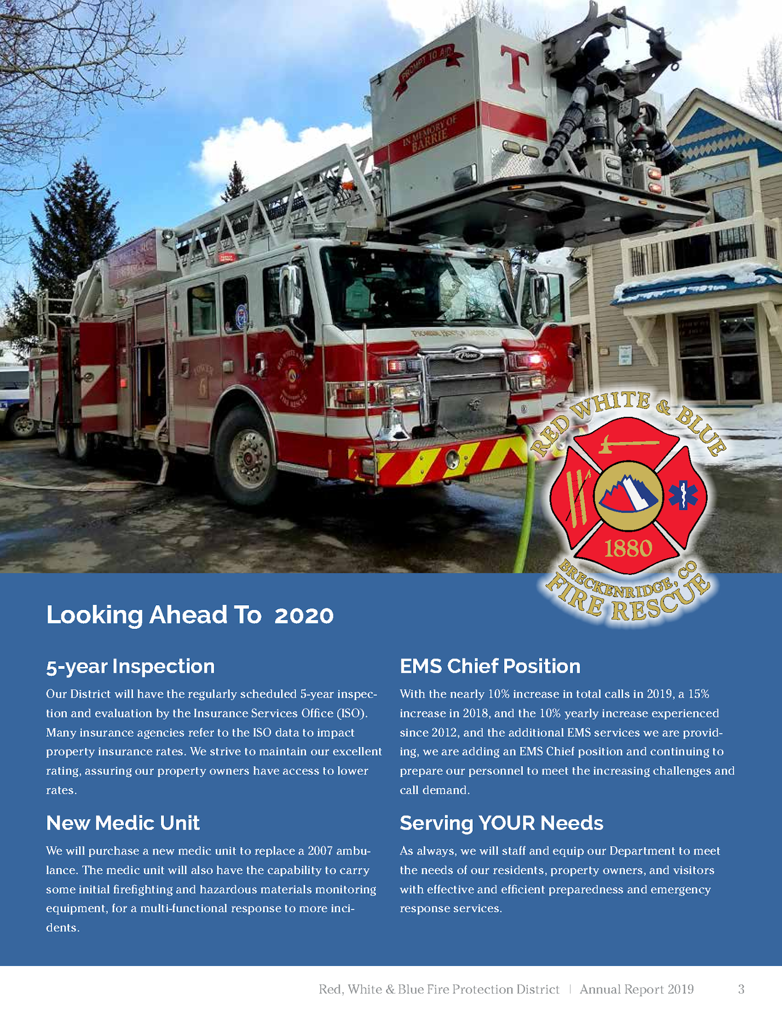 A fire truck from a Fire Protection District with text discussing future plans like inspections and a new medic unit.