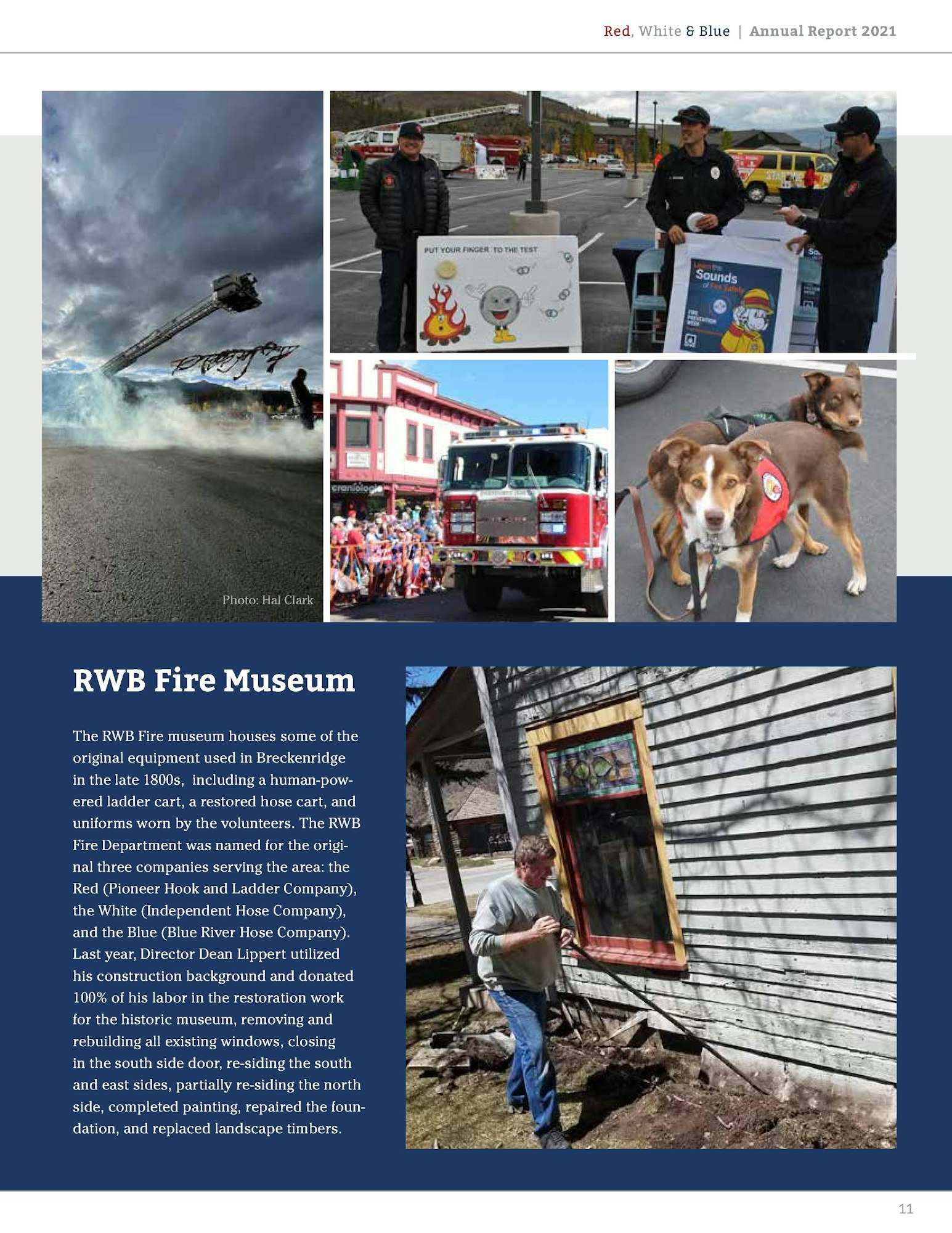 A collage from a fire department annual report showing a firefighter exercise, firefighters with a hose, a fire truck parade, and a fire museum renovation.
