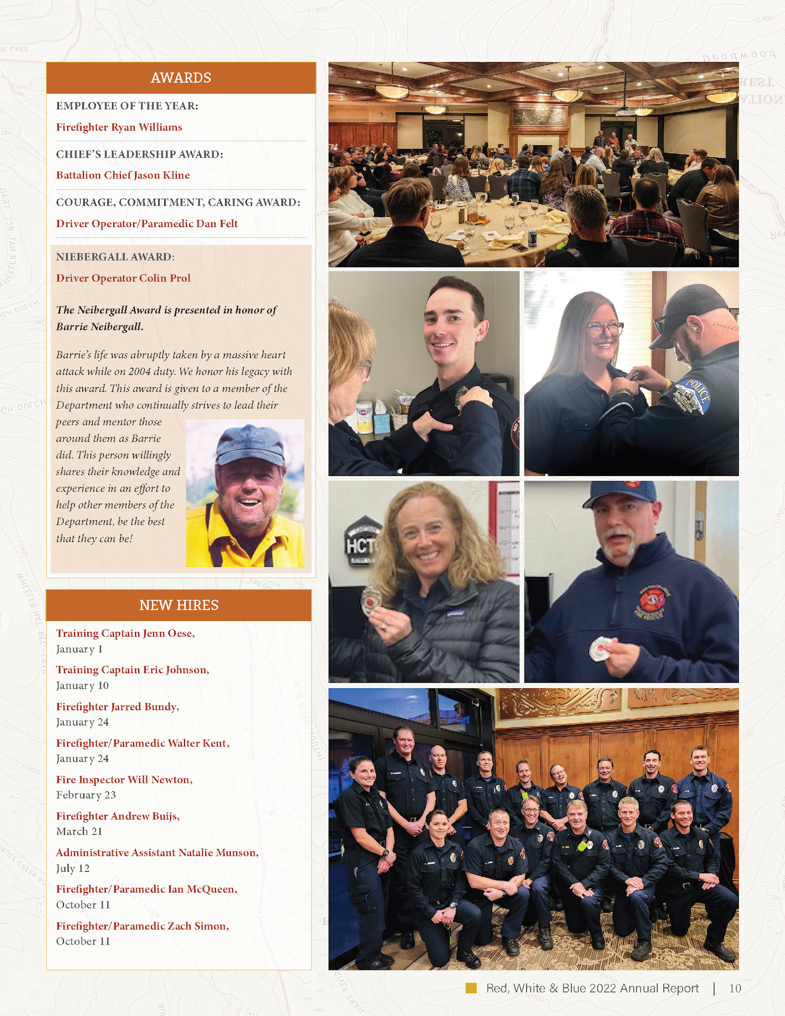 A page from an annual report highlighting fire department awards, new hires, and individuals in uniform.
