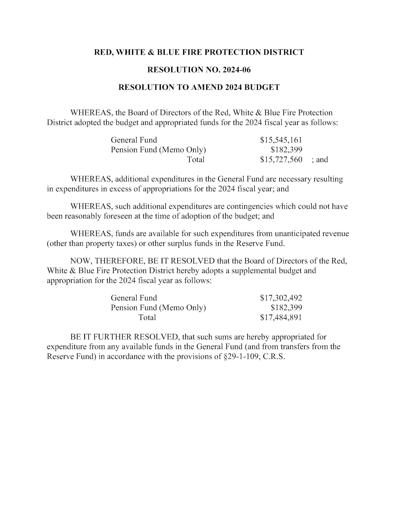 A resolution document for amending the 2024 budget of the Red, White & Blue Fire Protection District.