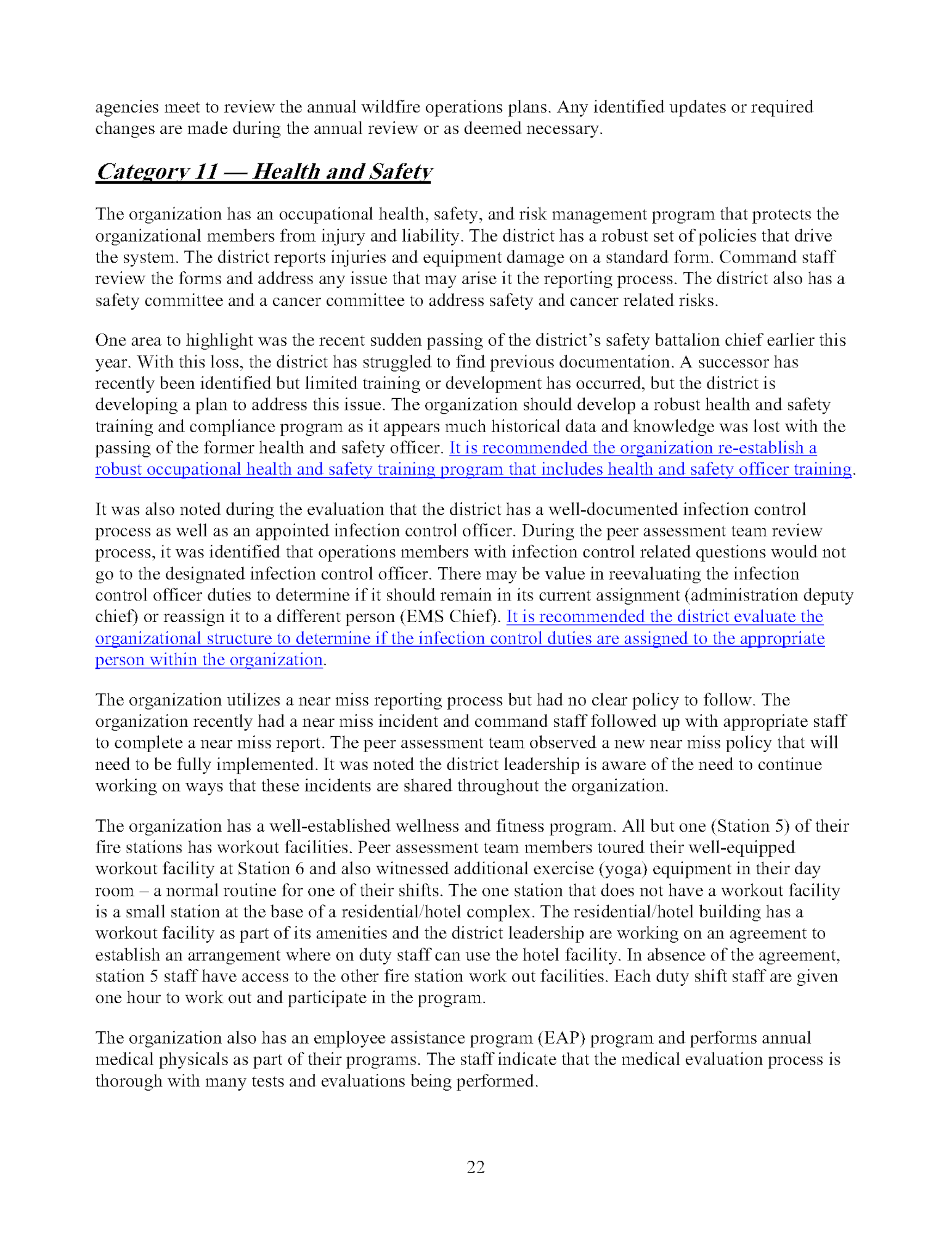 Text excerpt on health and safety policies and recommendations for an organization, including infection control, reporting processes, and fitness programs.