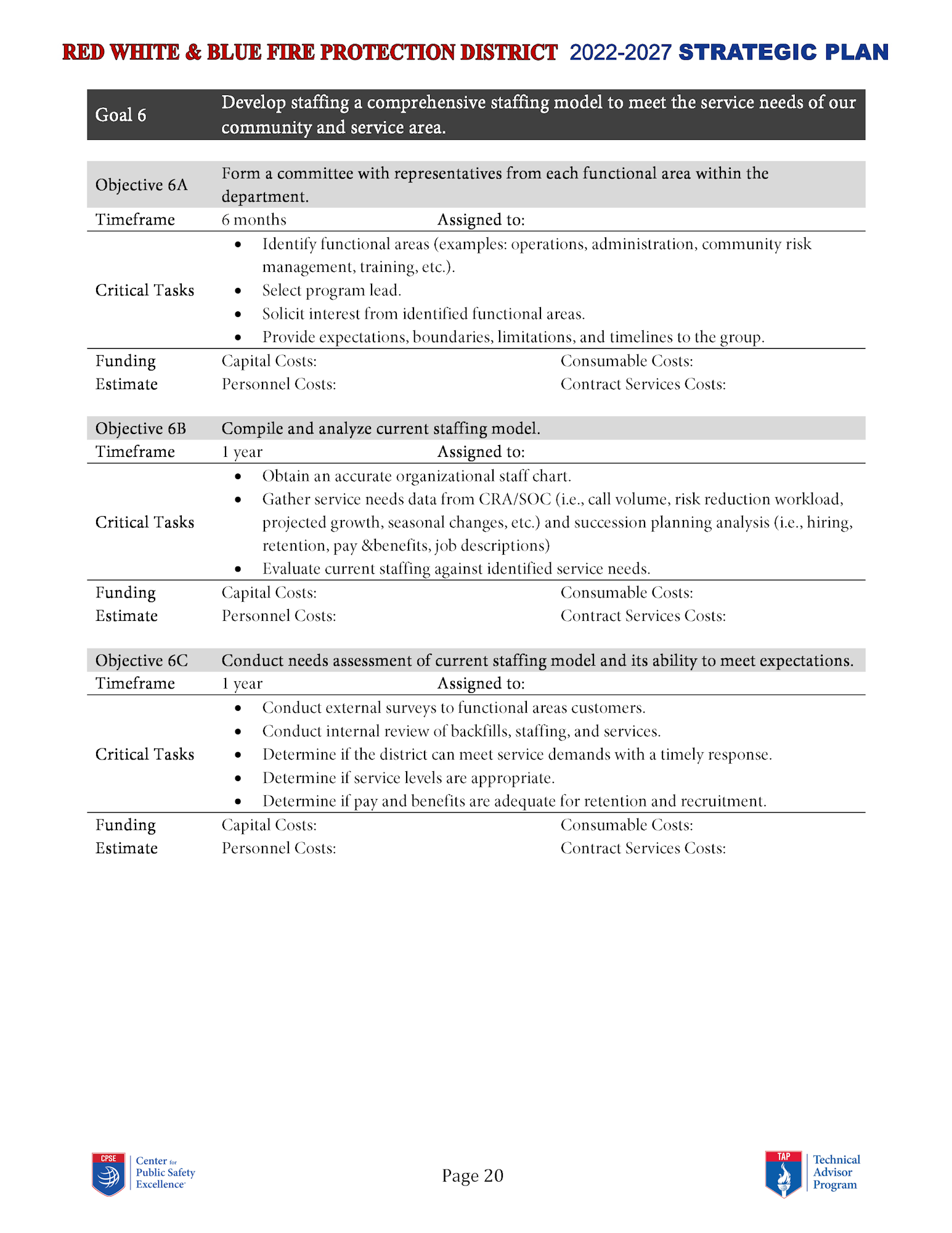 A page from a fire protection district's strategic plan outlining staffing model development, including objectives, tasks, and funding.