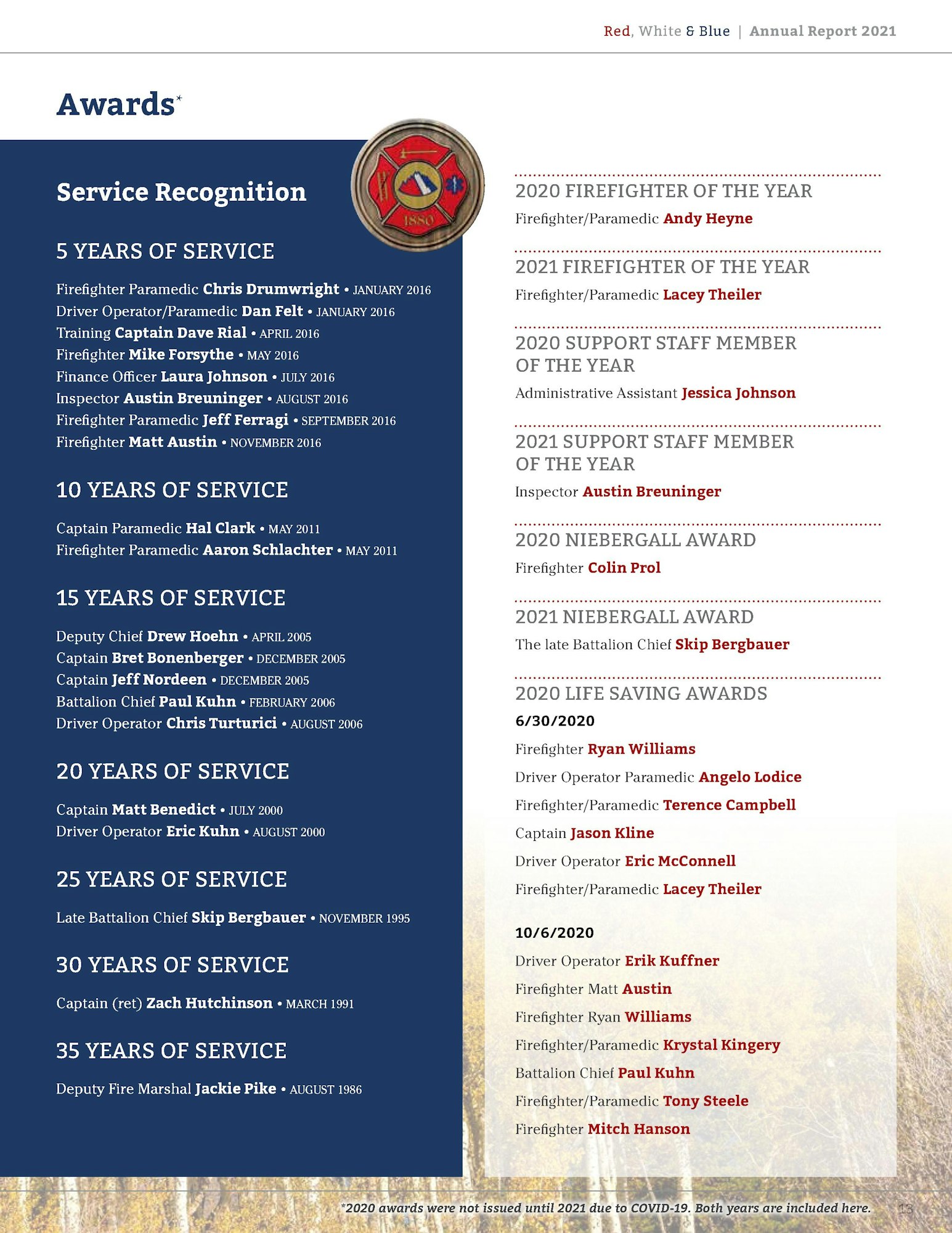 A document listing firefighter service recognition awards and years of service milestones.