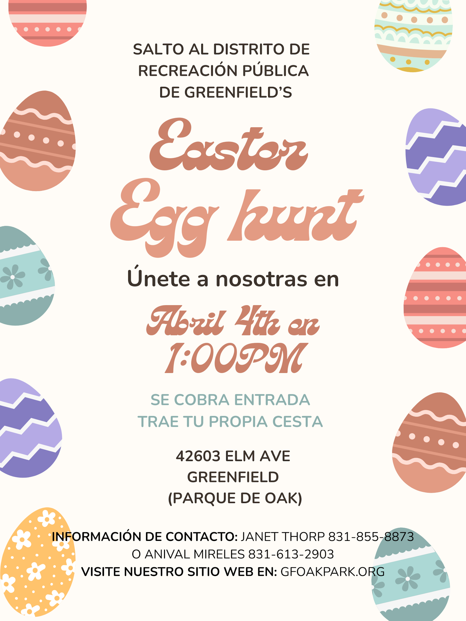 Greenfield's Easter Egg Hunt on April 4th at 1 PM. Bring your own basket. Entry fee applies. Address: 42603 Elm Ave.