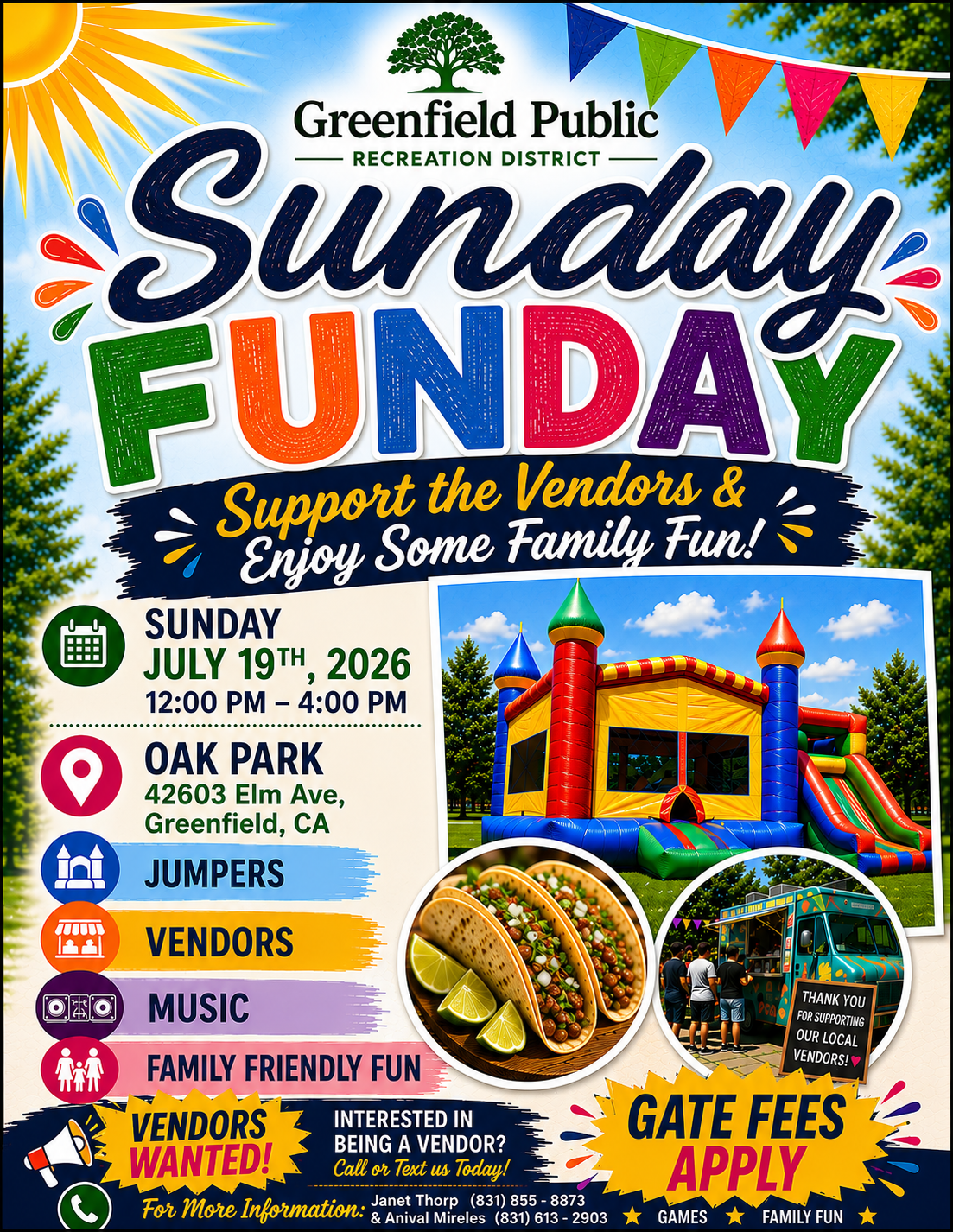 Join the Sunday Funday at Oak Park, Greenfield on July 19, 2026, for vendors, jumpers, music, and family fun!