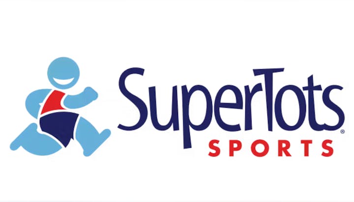 Blue running figure with the text "SuperTots Sports" in bold.