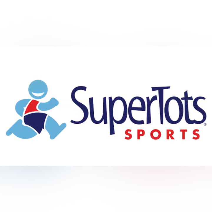 Blue running figure with the text "SuperTots Sports" in bold.