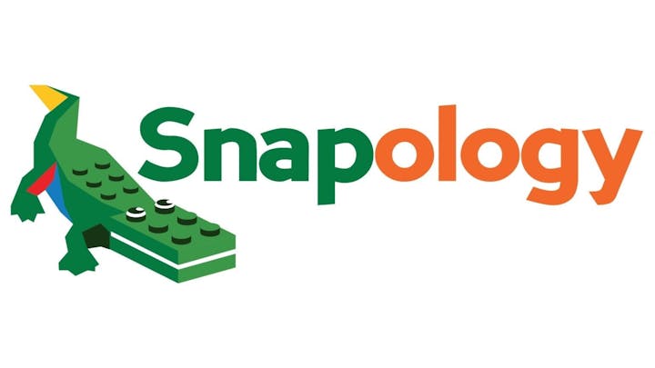 Logo of "Snapology" with a LEGO-style alligator.