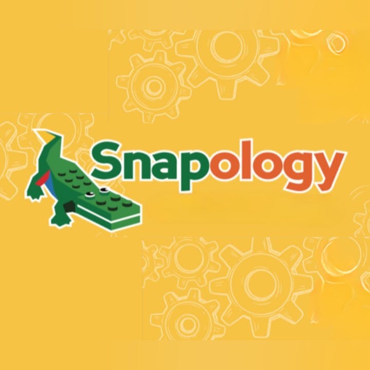The image features the Snapology logo, showcasing a playful alligator design on a yellow background with gears.