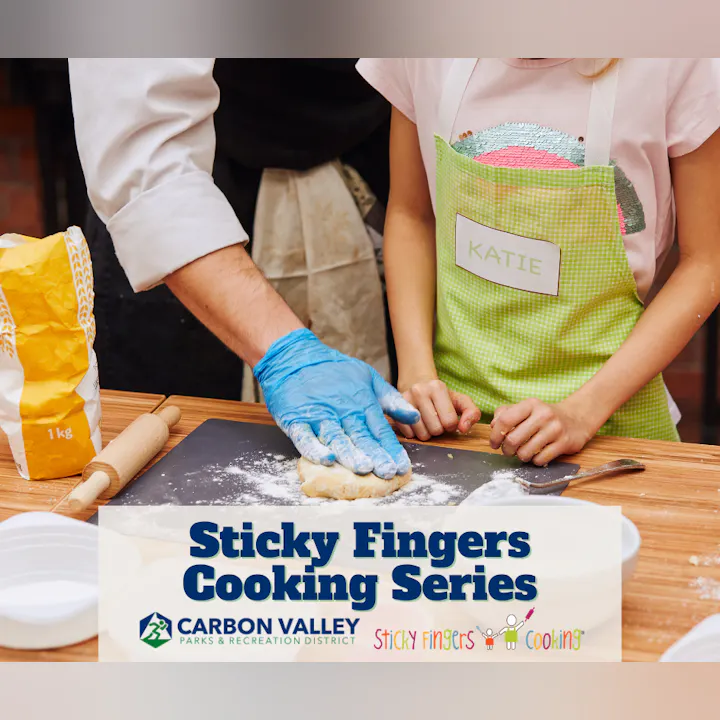 A cooking class scene featuring a child in a green apron and an adult preparing dough, with a focus on learning and fun.