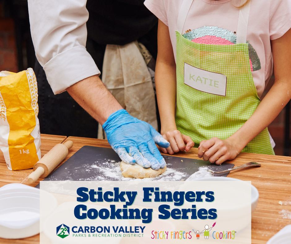 A cooking class scene featuring a child in a green apron and an adult preparing dough, with a focus on learning and fun.