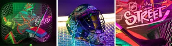 Neon-themed hockey street art featuring a goalie, helmet, and stick with "NHL Street" text.