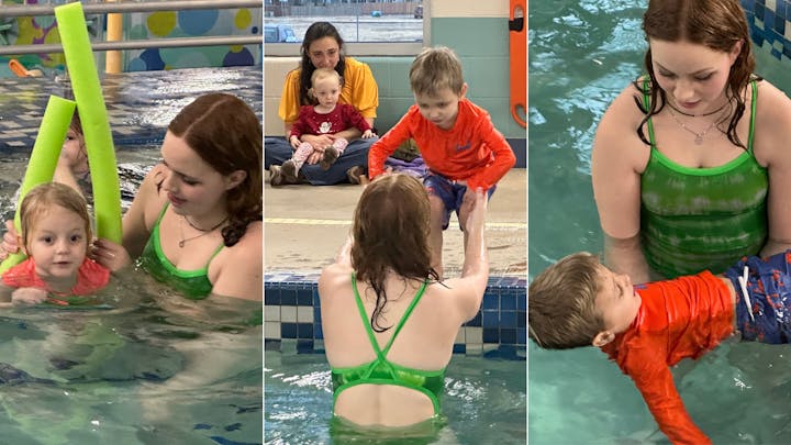 Swimming lesson with children, instructor in pool, spectators in the background.