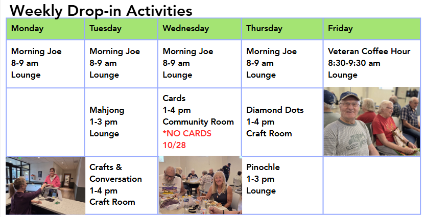 Weekly drop-in activities schedule with various programs like Morning Joe, Mahjong, Crafts, and Pinochle listed by day.