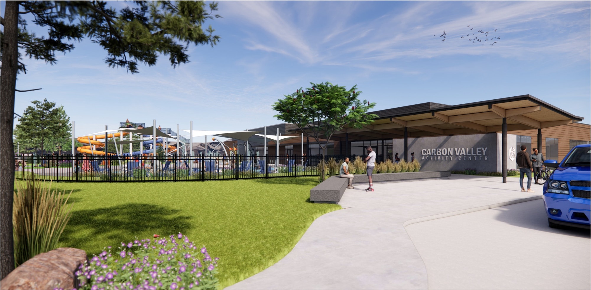 A digital rendering of a planned activity center with people, a play area, landscaping, and a clear sky.