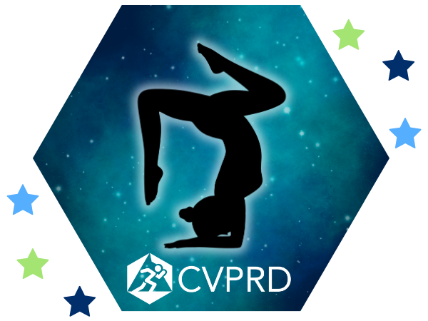 The image features a silhouette of a flexible person in a yoga pose, with stars and a hexagonal logo labeled "CVPRD."