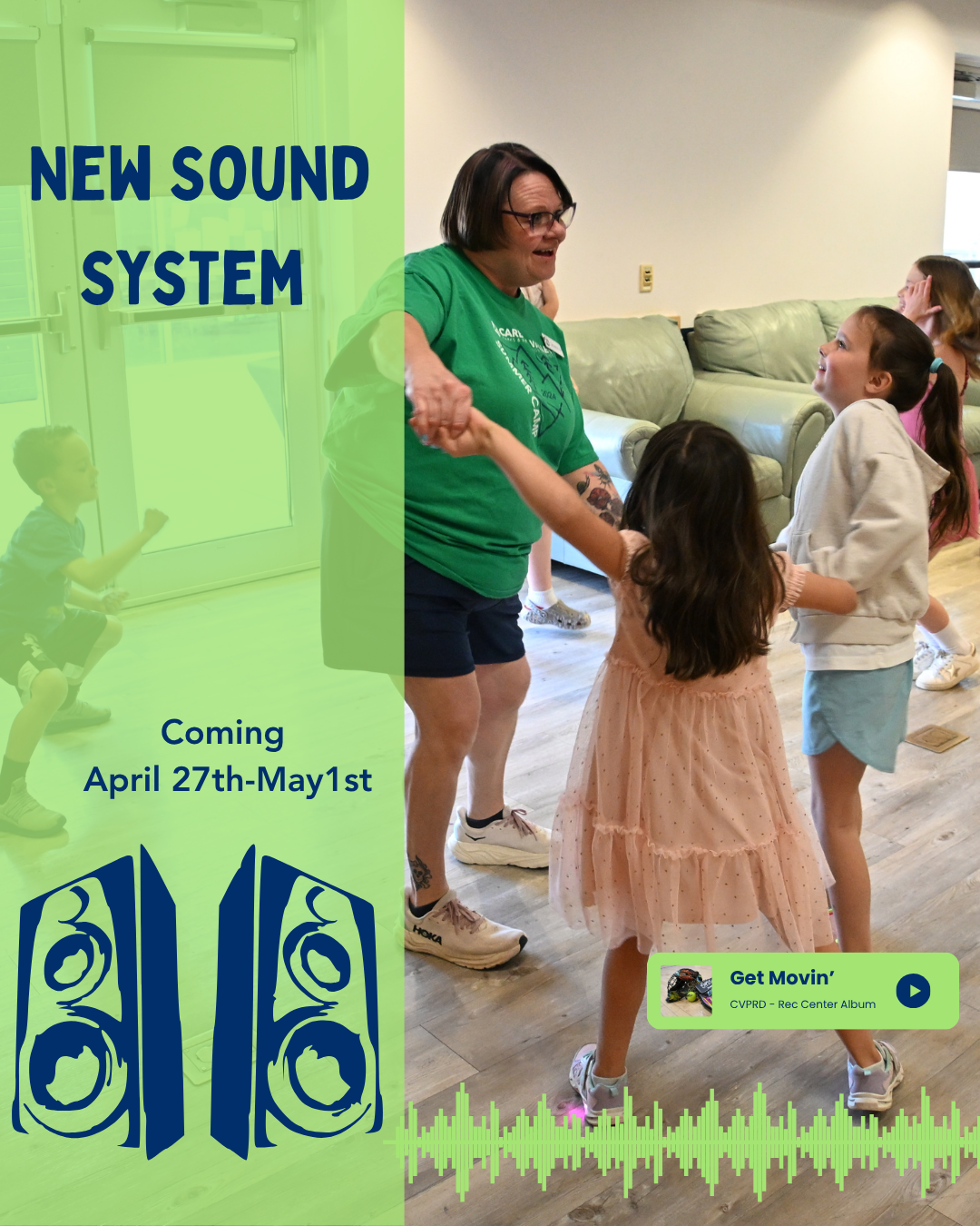 Promo for a new sound system coming April 27th-May 1st, featuring people dancing and having fun.