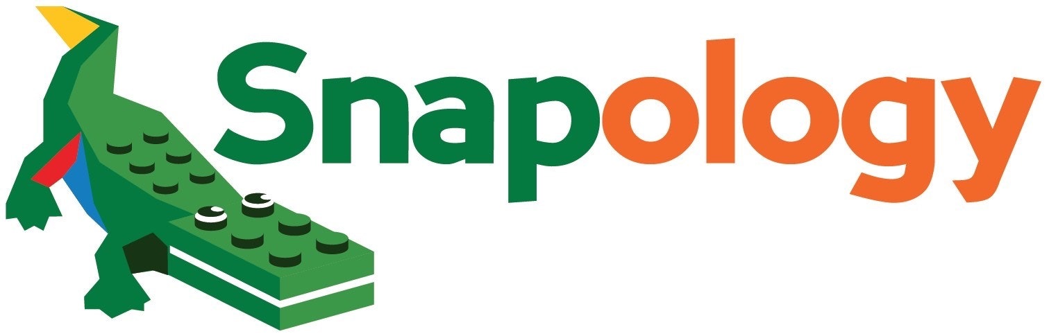 A logo with a green dinosaur made of building blocks next to the word "Snapology."