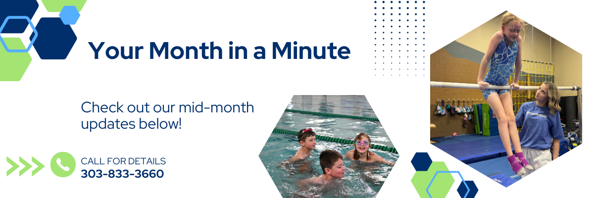 The image promotes monthly updates, featuring kids swimming and doing gymnastics, with a contact number for more info.