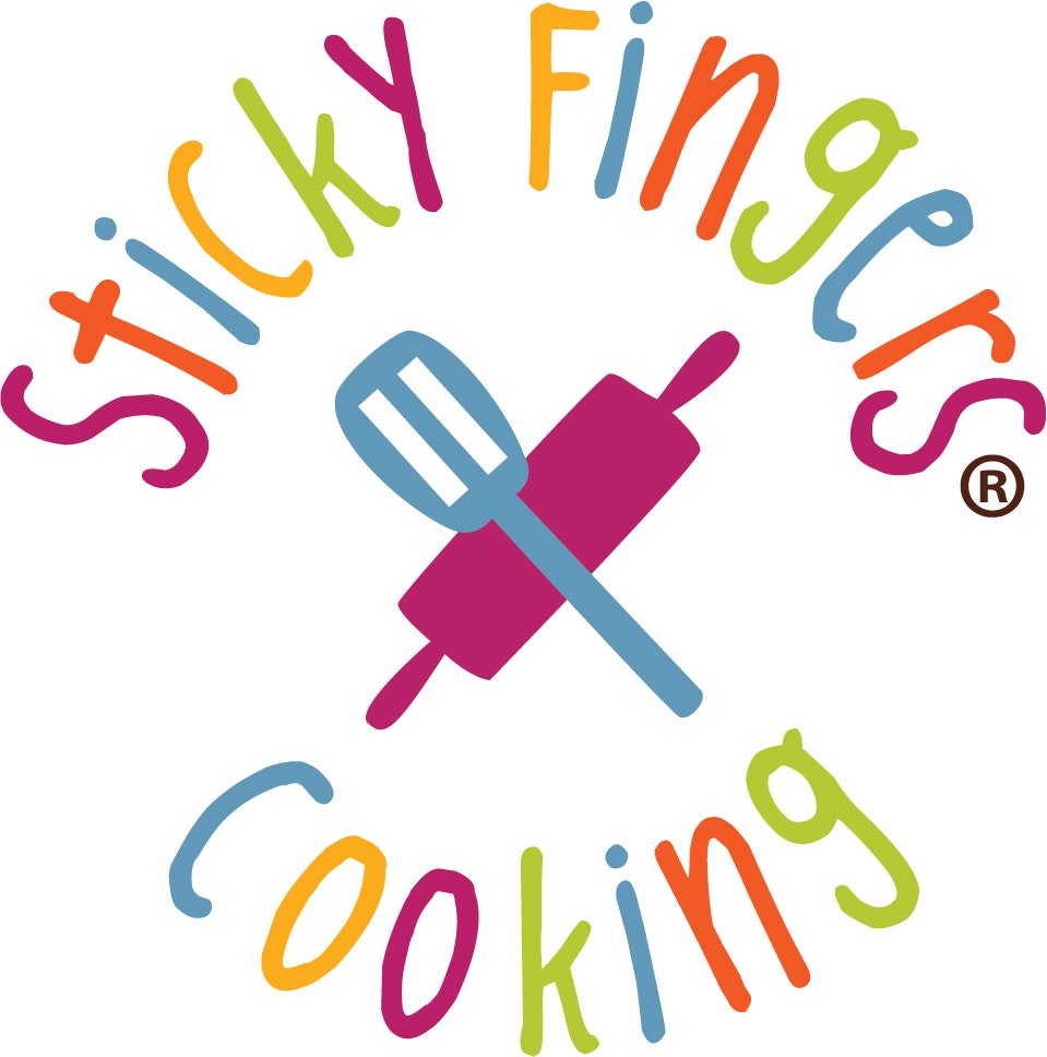 The image features a colorful logo for "Sticky Fingers Cooking," featuring a spatula and rolling pin.