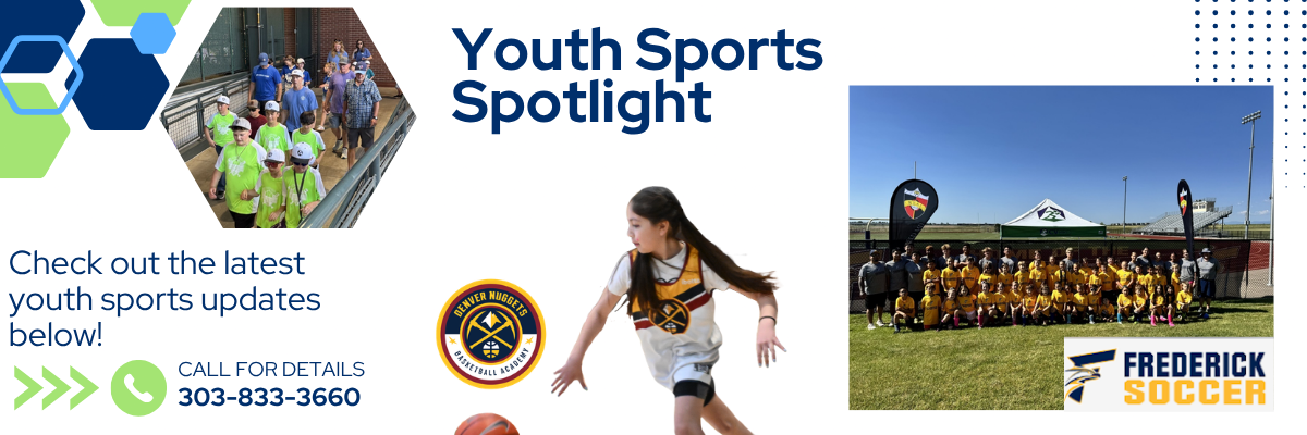 The image promotes youth sports updates, featuring basketball and soccer activities, contact info, and event highlights.