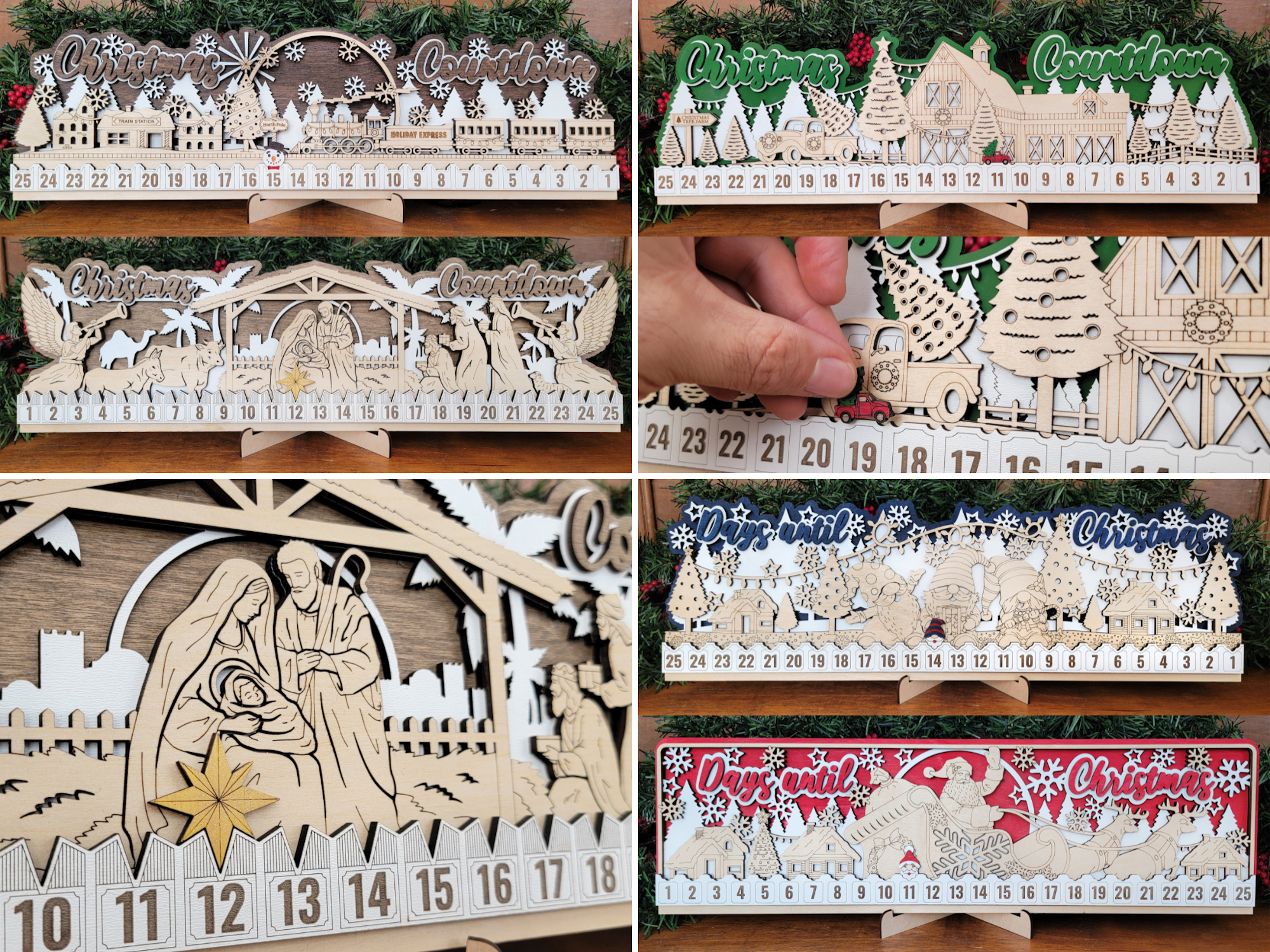 Various wooden Christmas countdown calendars with festive designs.