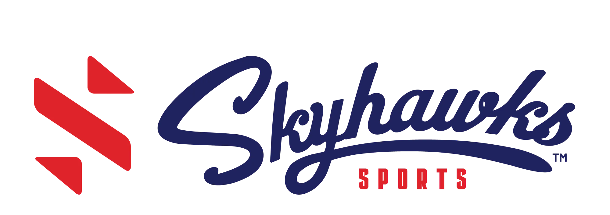 Skyhawks Sports logo with stylized text and a red emblem on a black background.